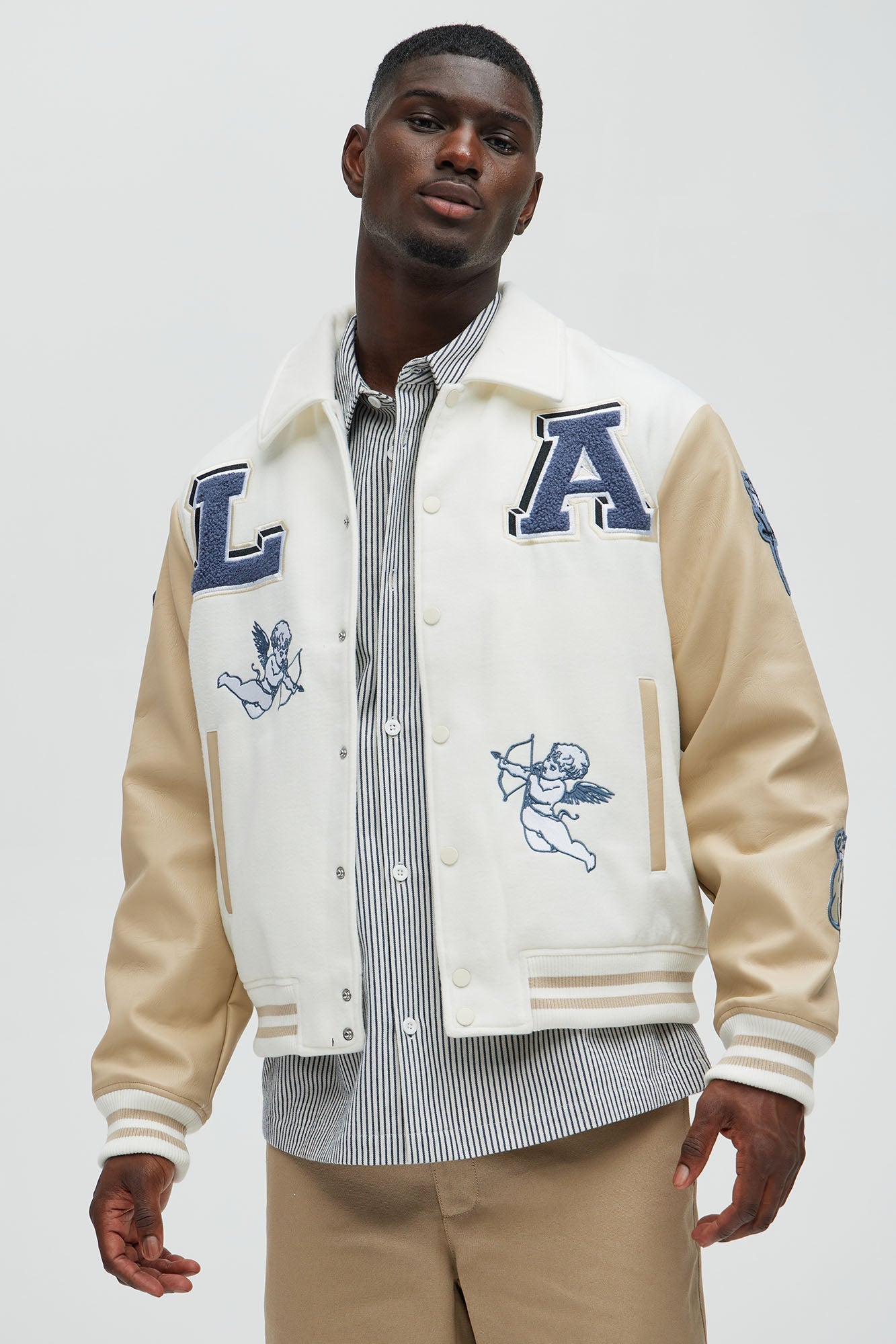 LA Patchwork Varsity Jacket - Cream/combo Fashion Nova