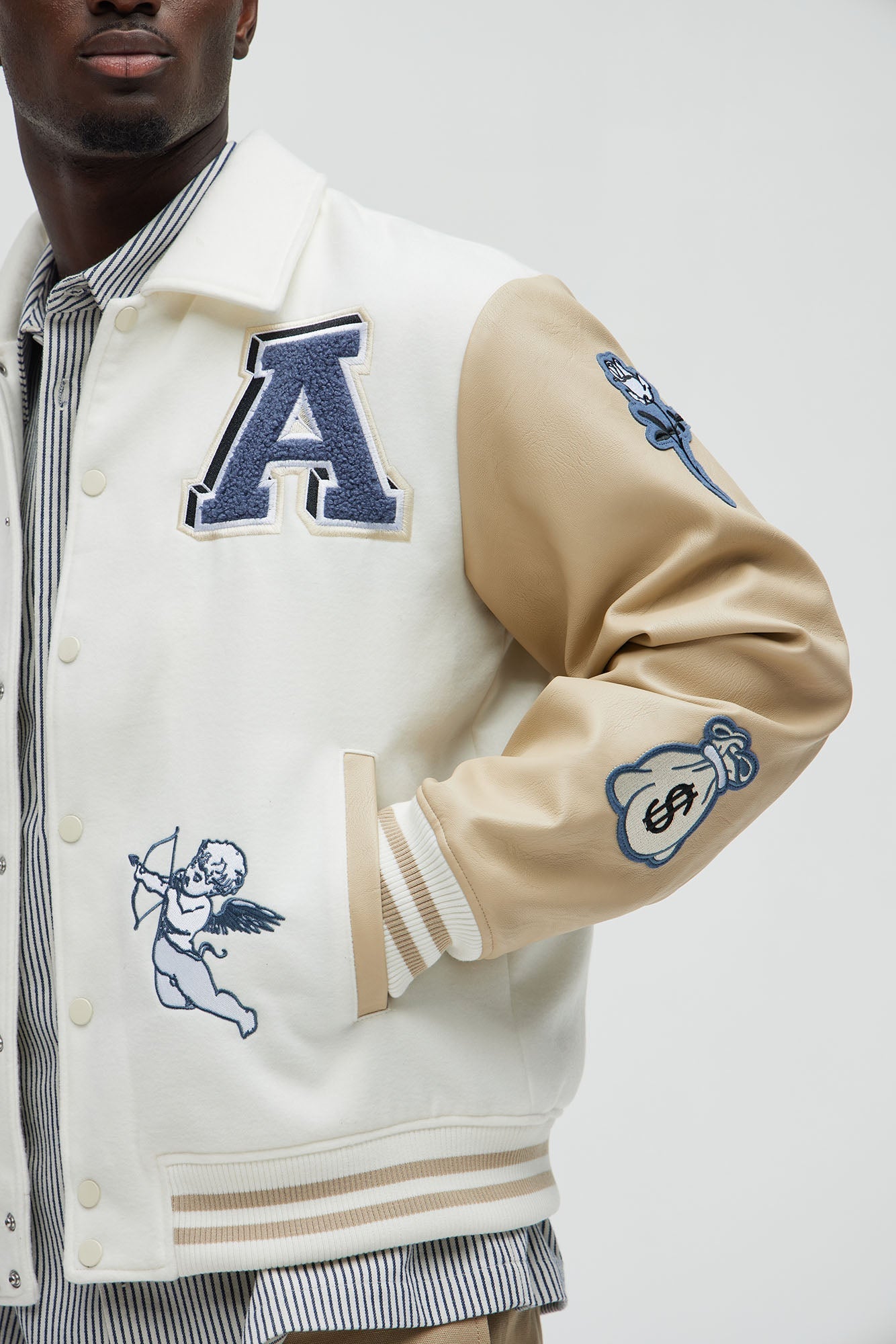 LA Patchwork Varsity Jacket - Cream/combo Fashion Nova