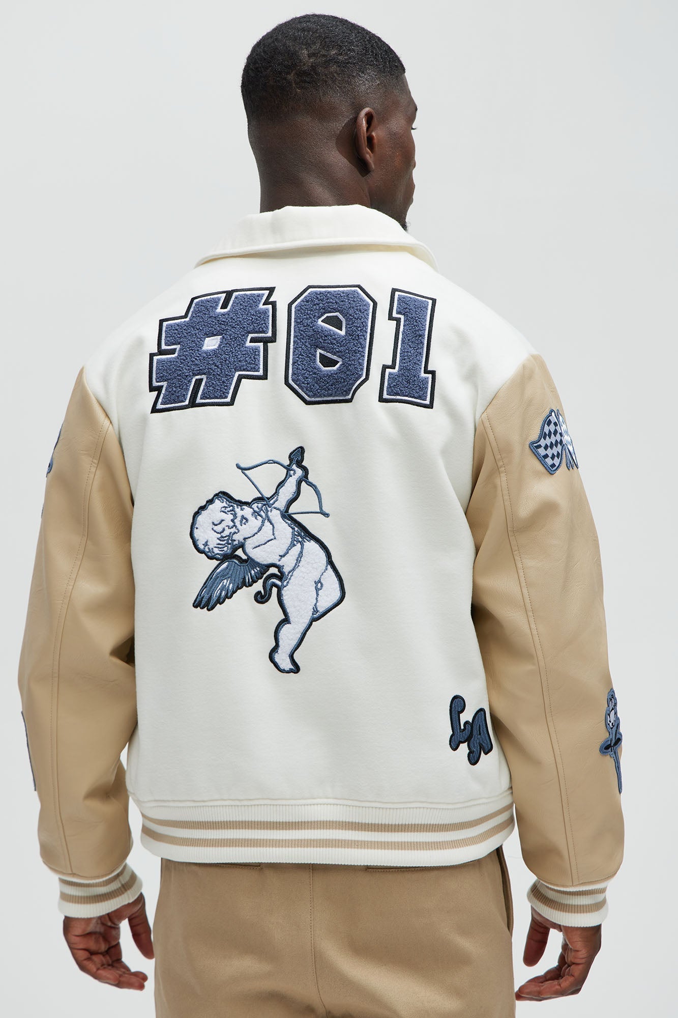 LA Patchwork Varsity Jacket - Cream/combo Fashion Nova