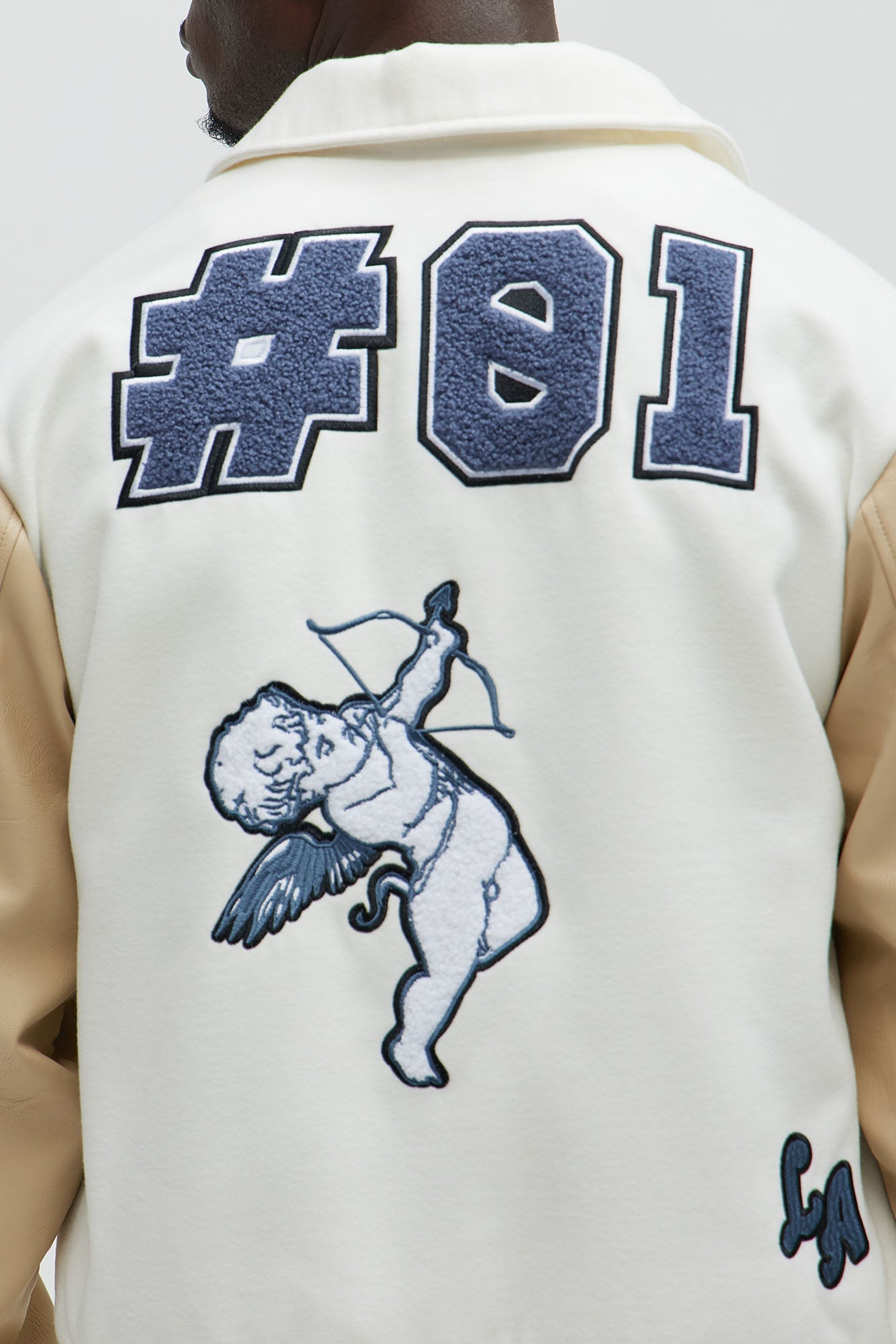 LA Patchwork Varsity Jacket - Cream/combo Fashion Nova
