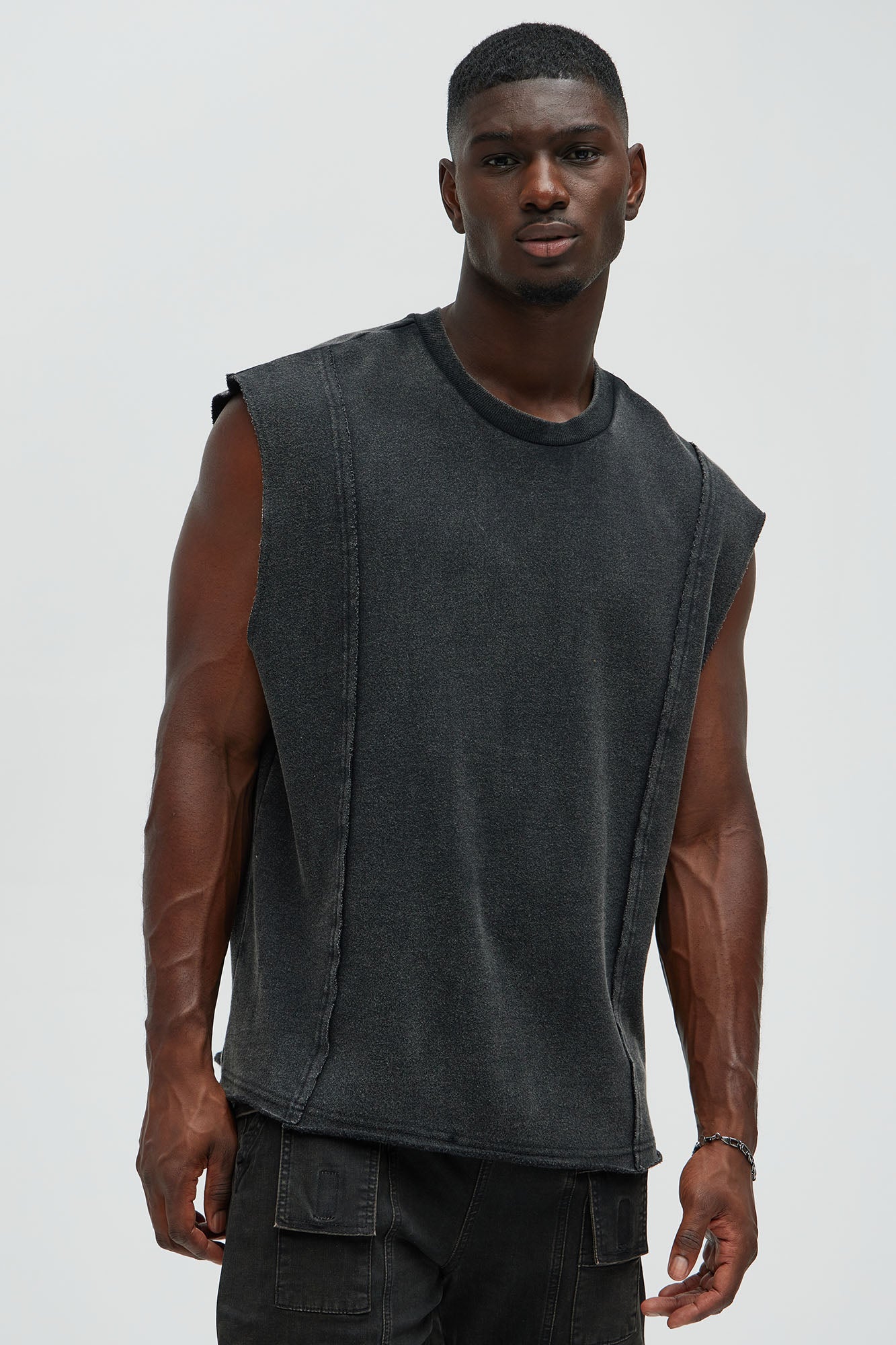 Greaser Paneled Fleece Muscle Tee - Black Wash Fashion Nova