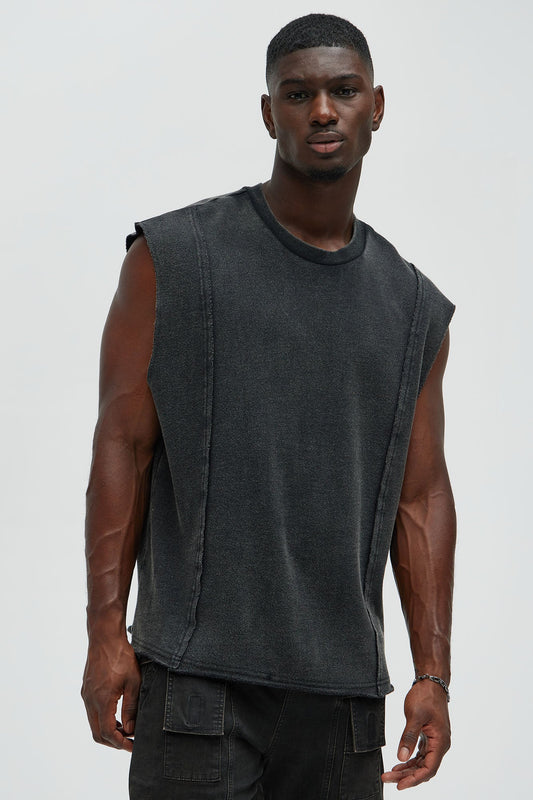 Greaser Paneled Fleece Muscle Tee - Black Wash Fashion Nova