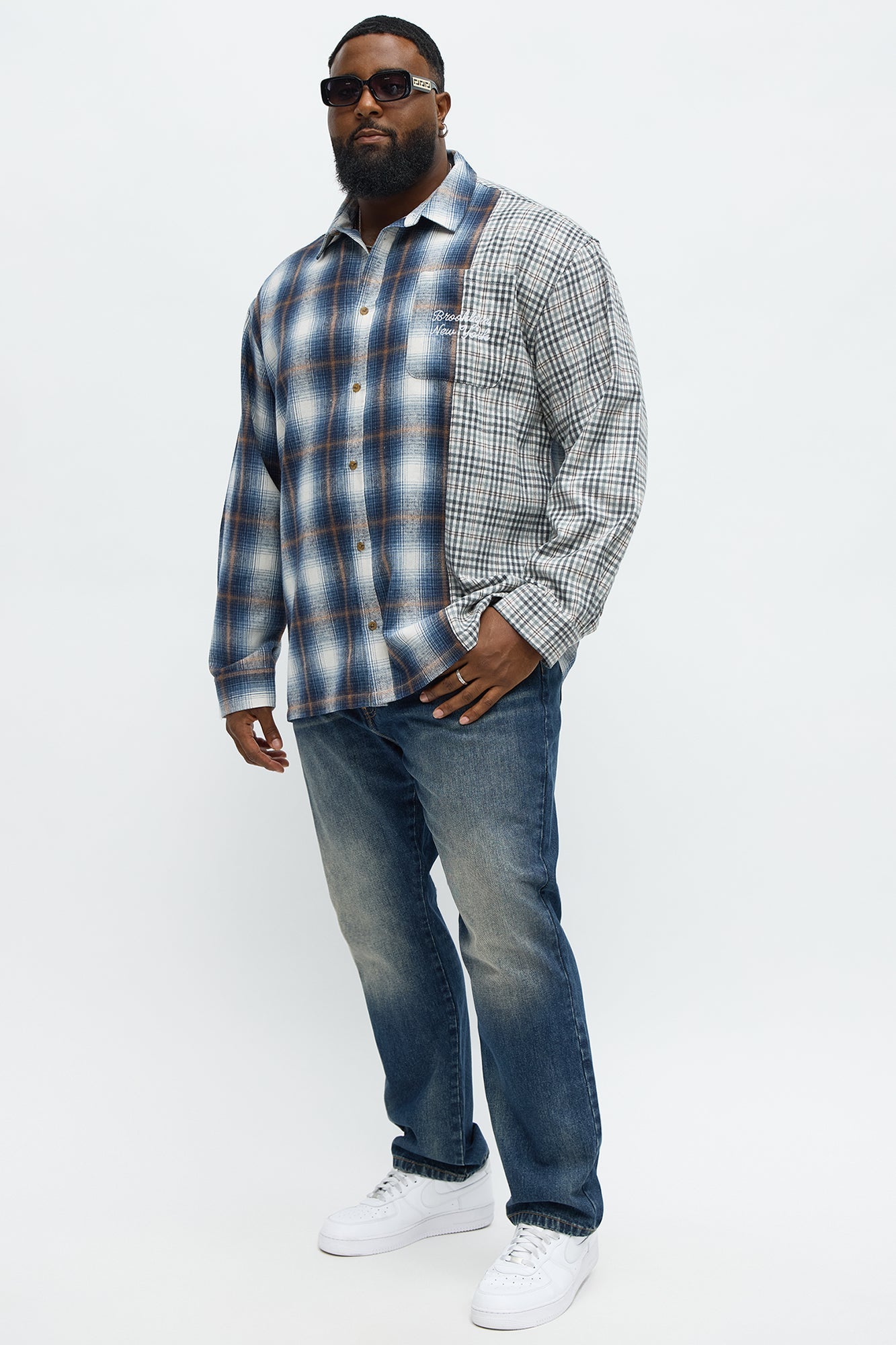 Patchwork Flannel Button Up Shirt - Blue/combo Fashion Nova
