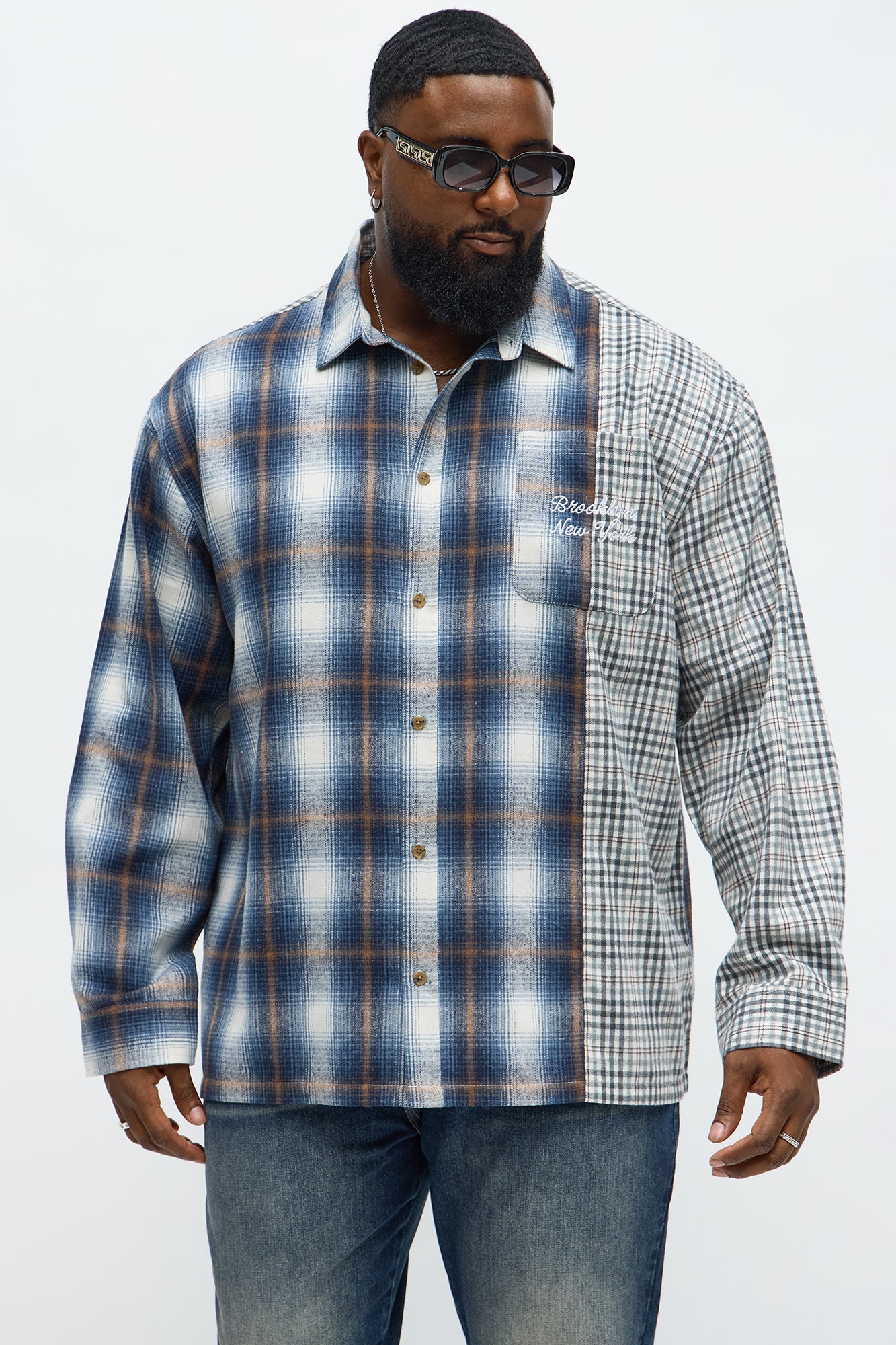 Patchwork Flannel Button Up Shirt - Blue/combo Fashion Nova
