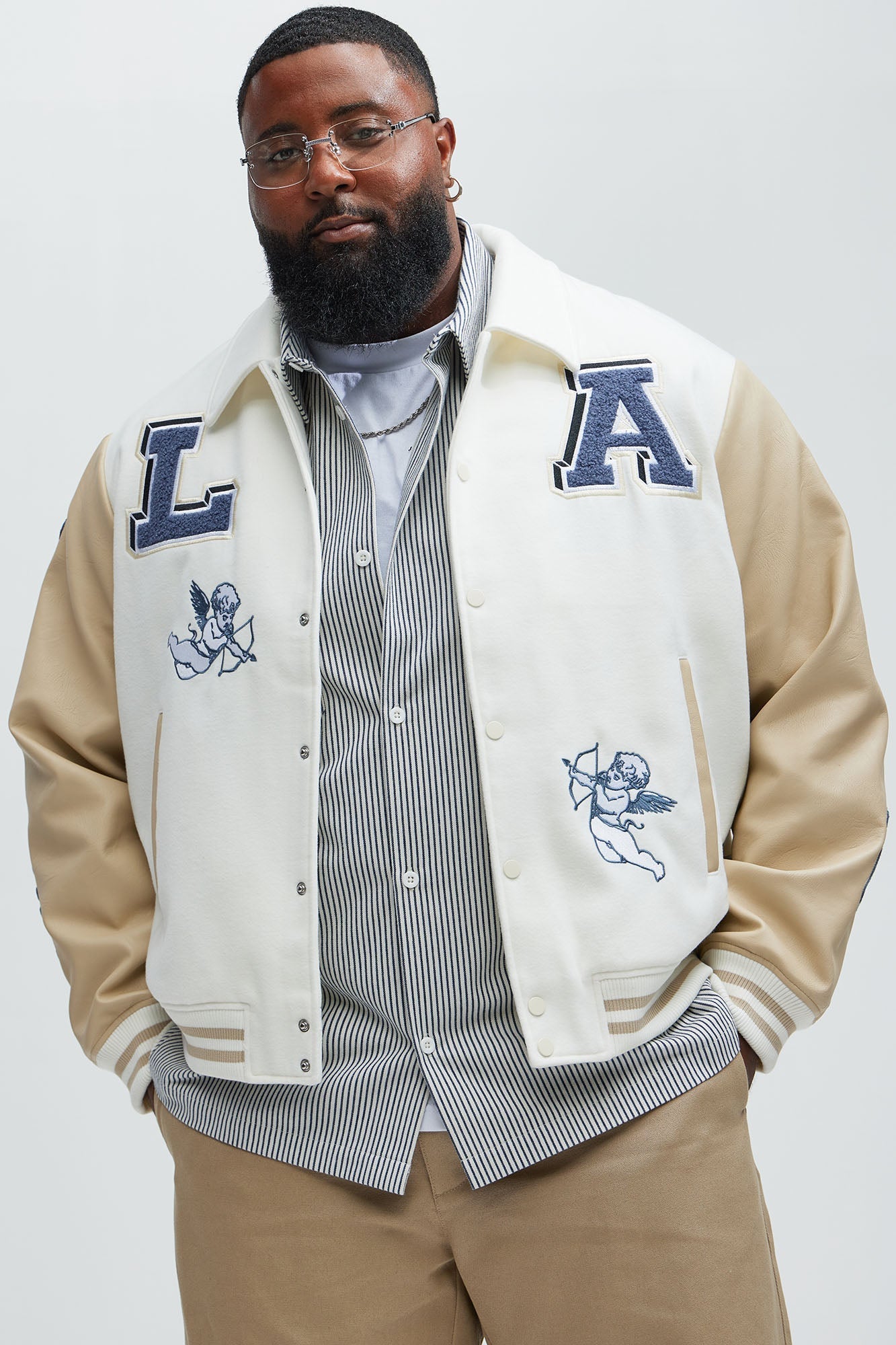 LA Patchwork Varsity Jacket - Cream/combo Fashion Nova