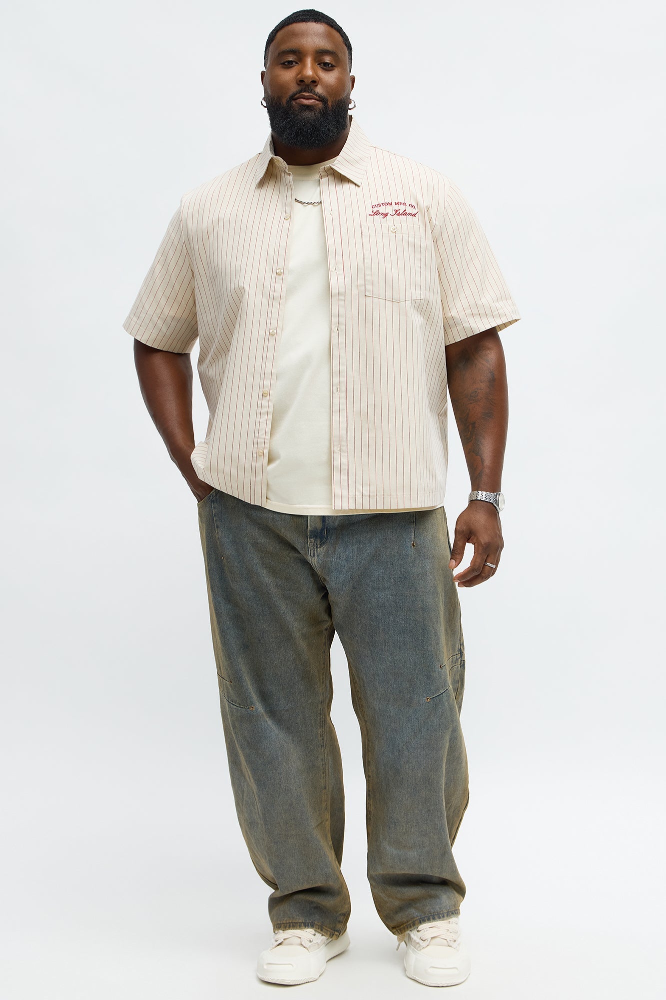 Long Island Mechanic Button Up Shirt - Natural Fashion Nova