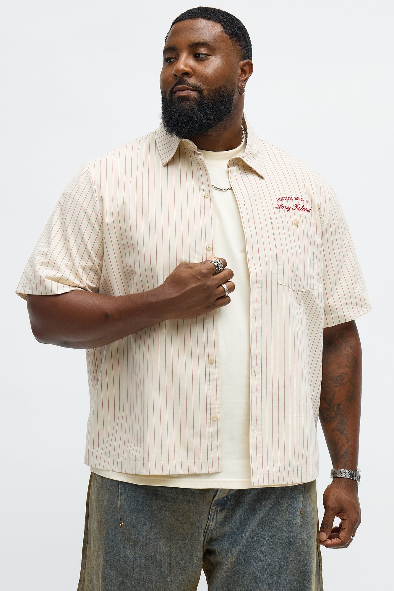 Long Island Mechanic Button Up Shirt - Natural Fashion Nova