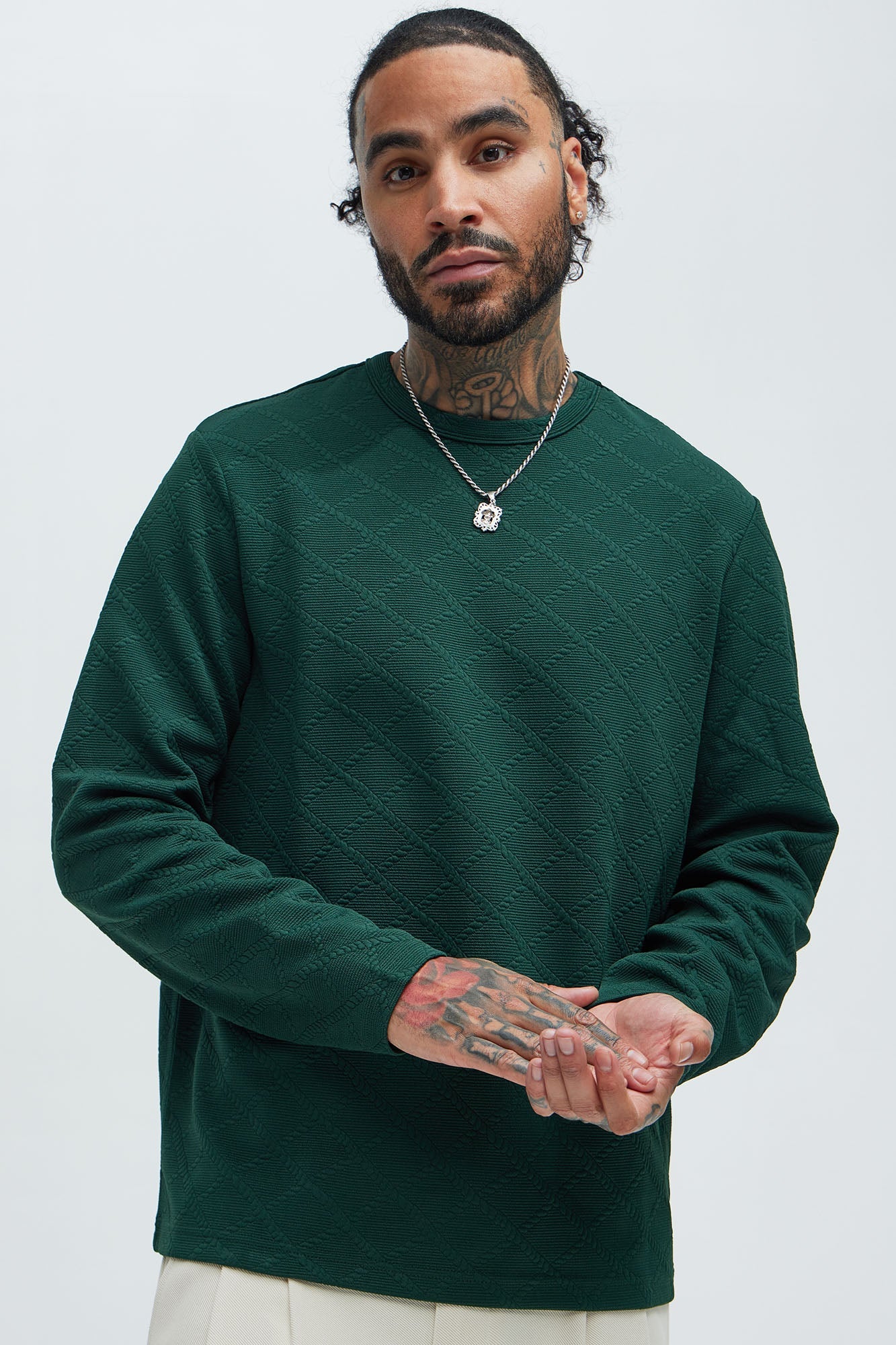 Lingo Textured Long Sleeve Tee - Green Fashion Nova