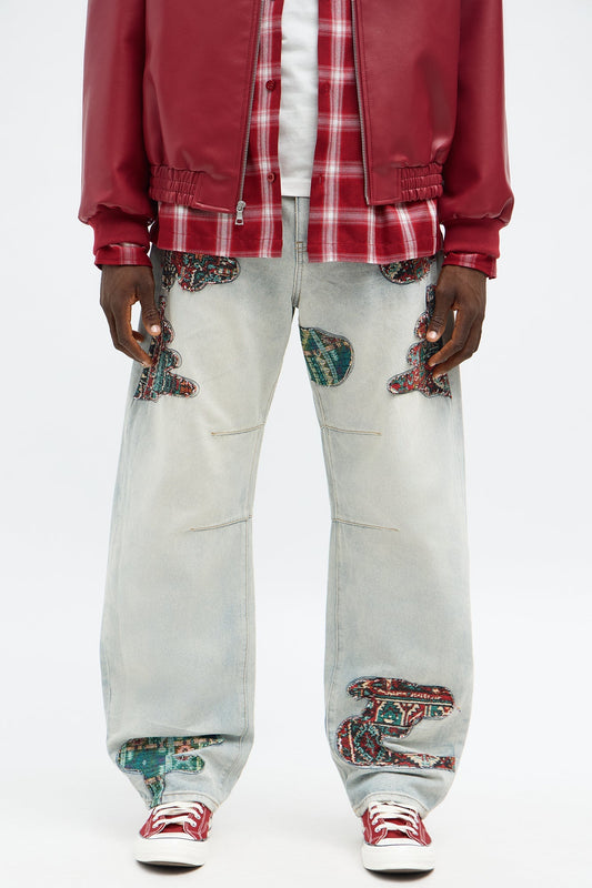 Barrel Patched Tapestry Jeans - Light Blue Wash Fashion Nova