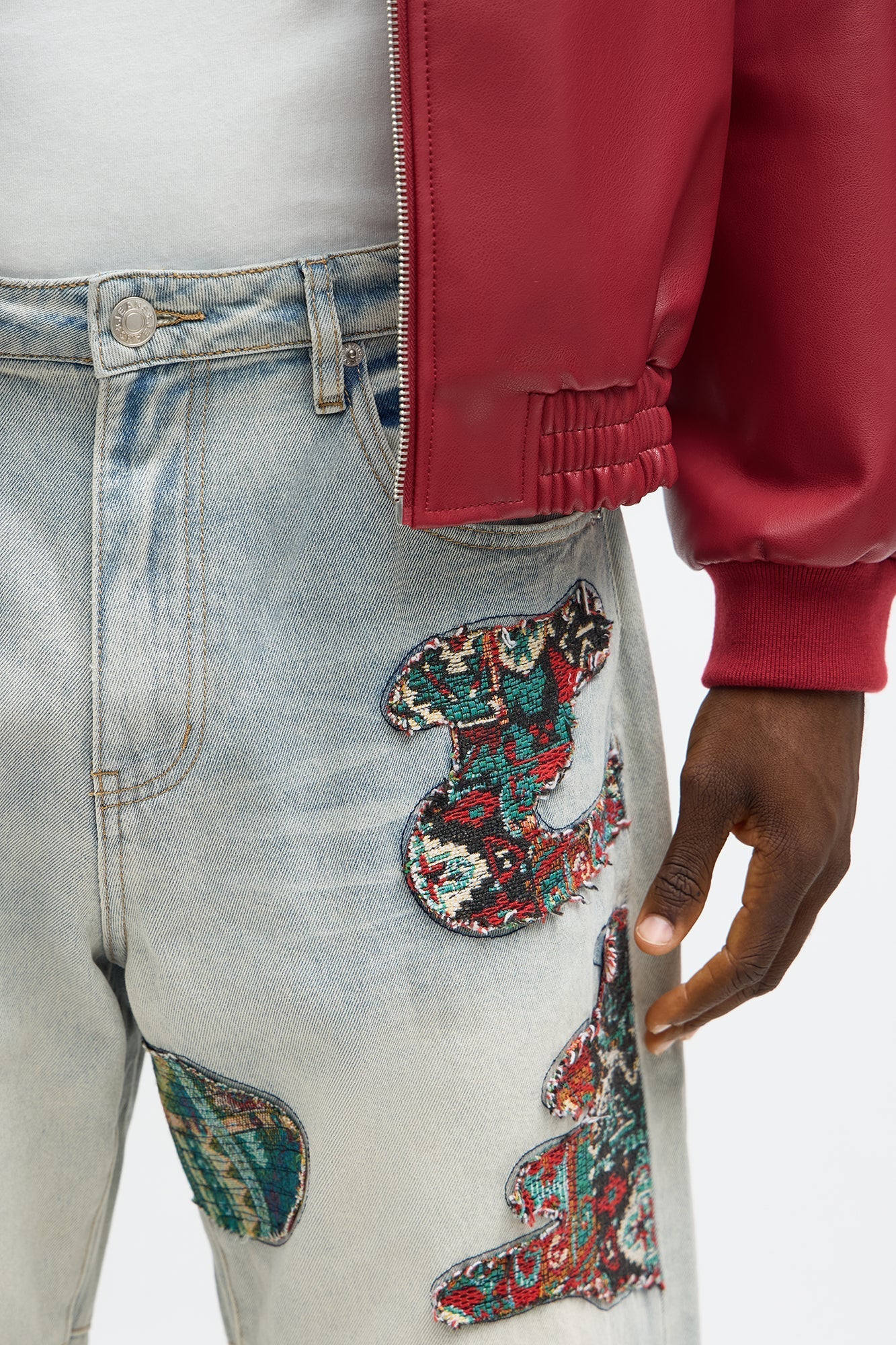 Barrel Patched Tapestry Jeans - Light Blue Wash Fashion Nova