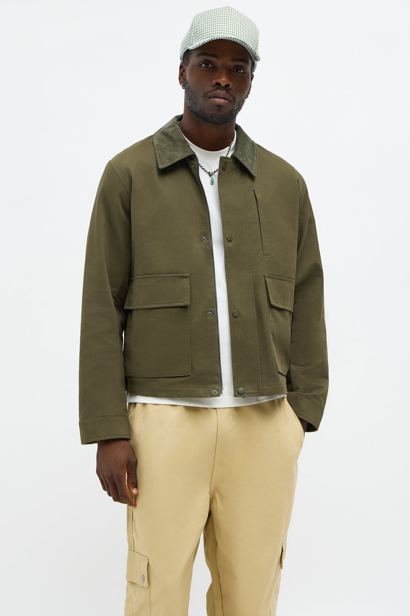 Cropped Utility Corduroy Collar Work Jacket - Olive Fashion Nova
