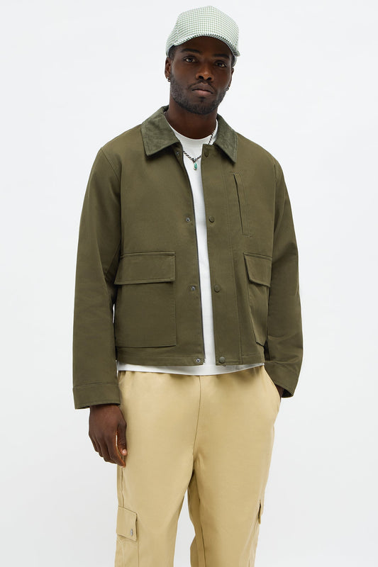 Cropped Utility Corduroy Collar Work Jacket - Olive Fashion Nova