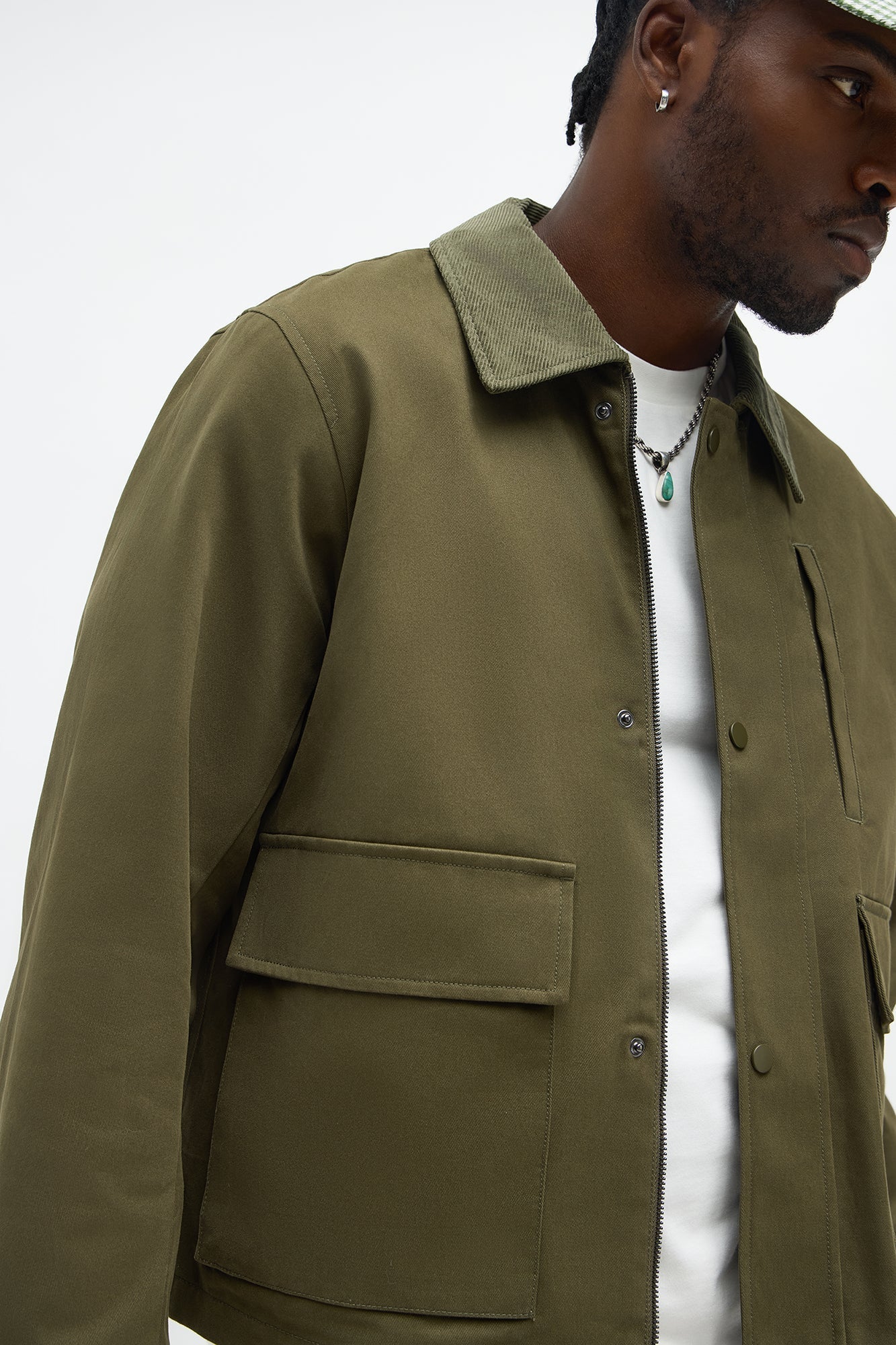 Cropped Utility Corduroy Collar Work Jacket - Olive Fashion Nova