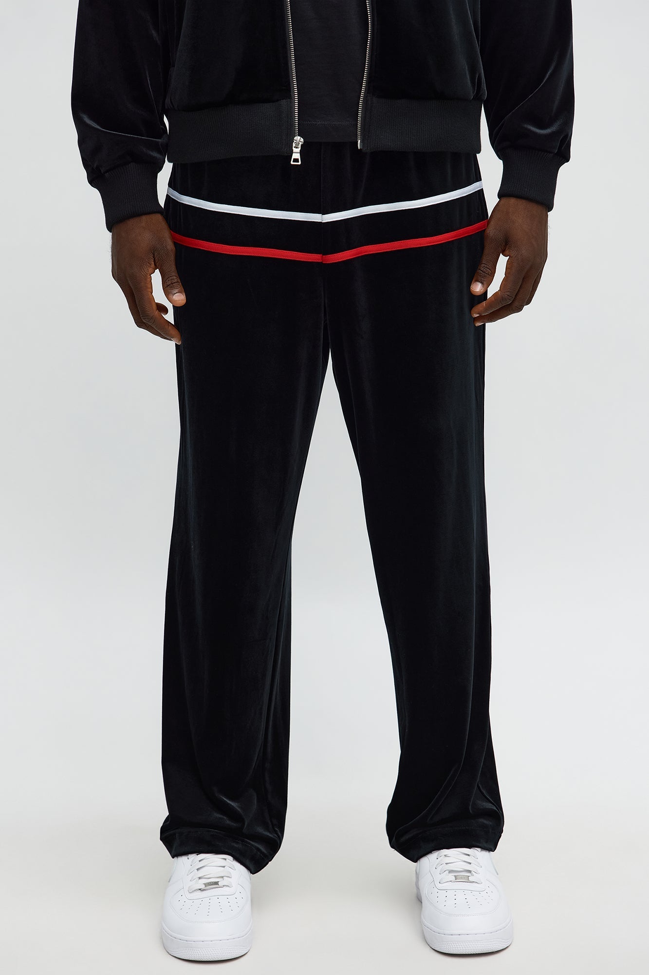 Velour Piped Courtside Straight Track Pant - Black/Red Fashion Nova
