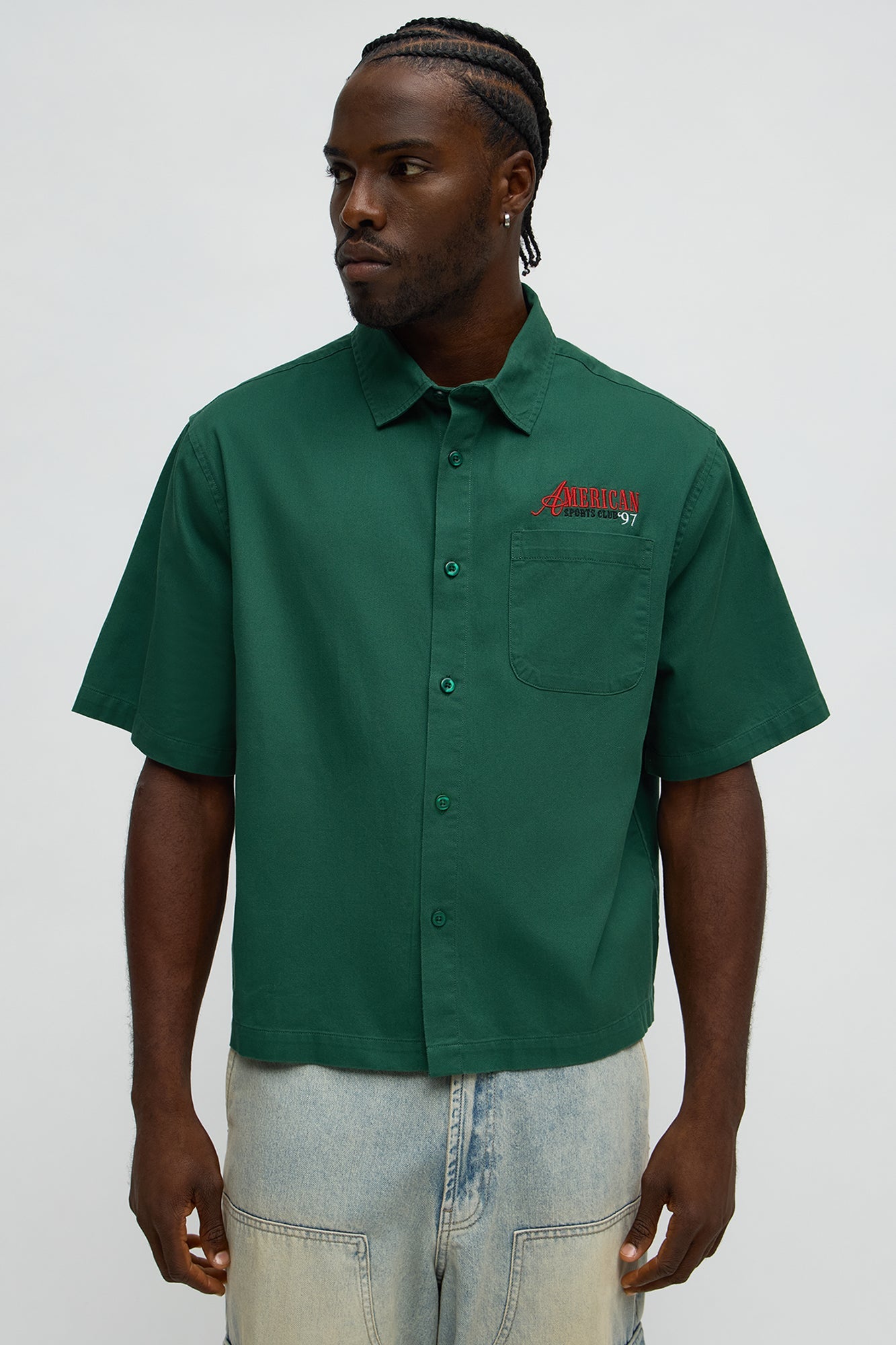 Cropped American Sports Club Mechanic Button Up Shirt - Green Fashion Nova