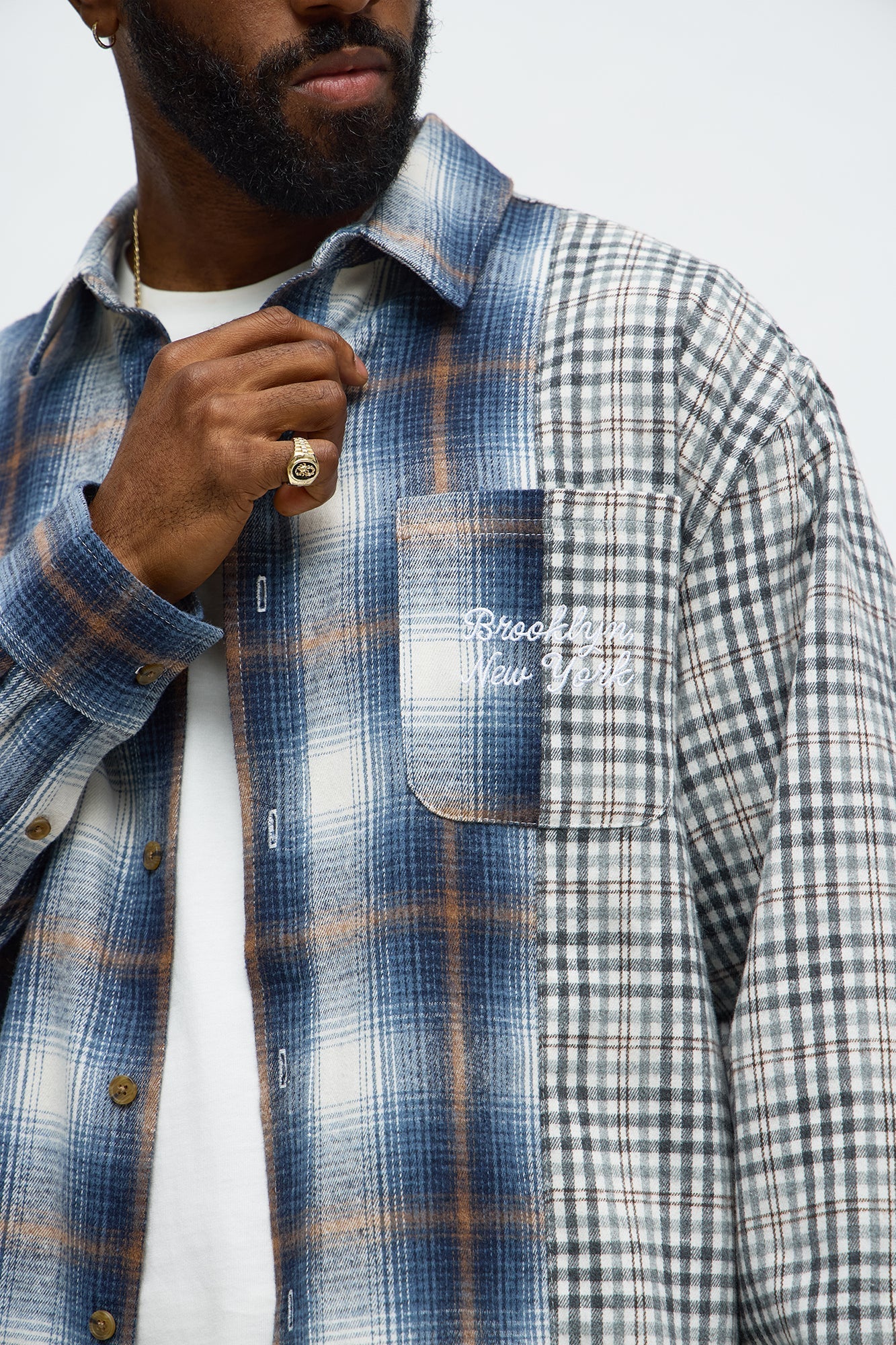 Patchwork Flannel Button Up Shirt - Blue/combo Fashion Nova