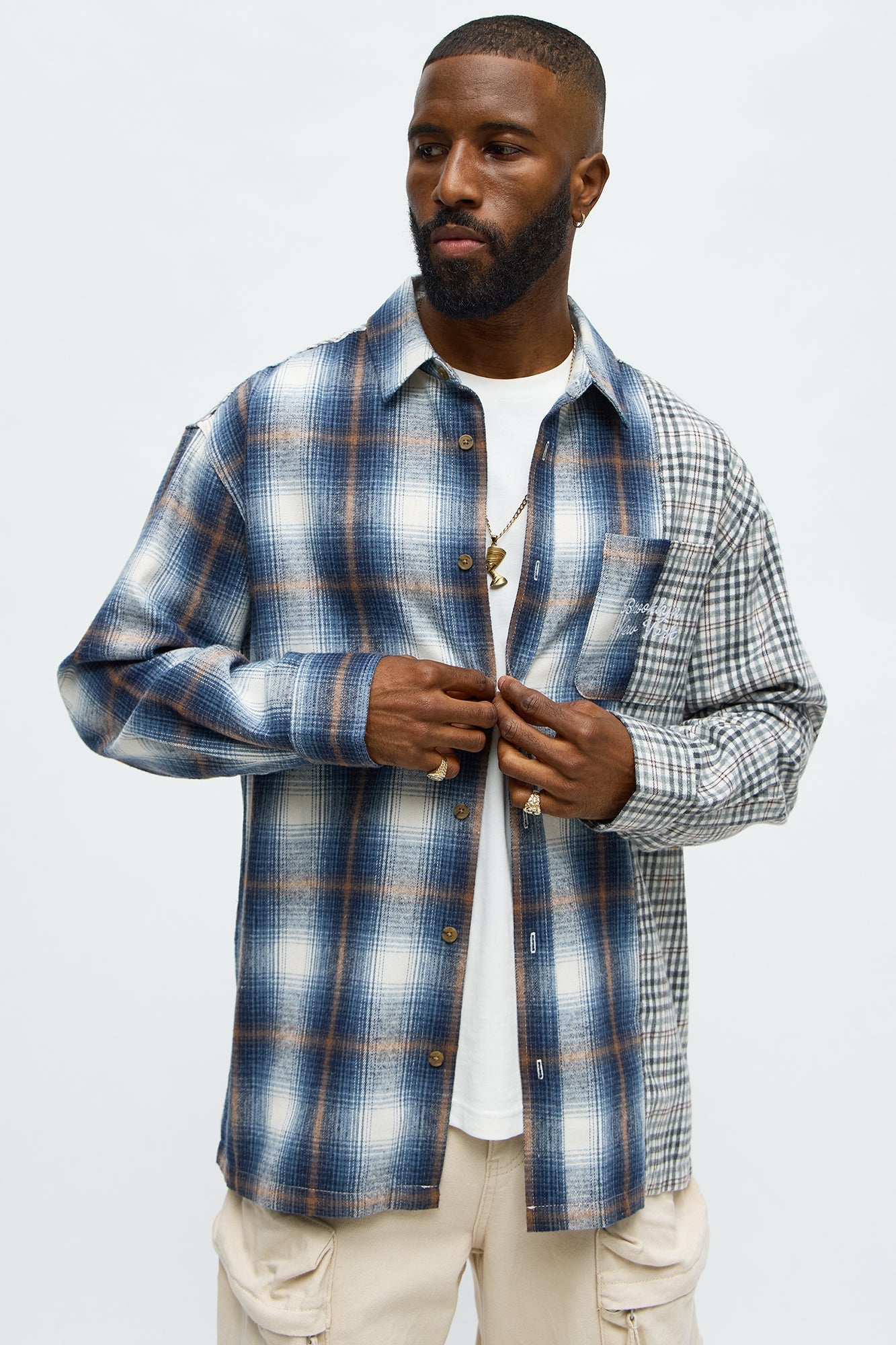 Patchwork Flannel Button Up Shirt - Blue/combo Fashion Nova