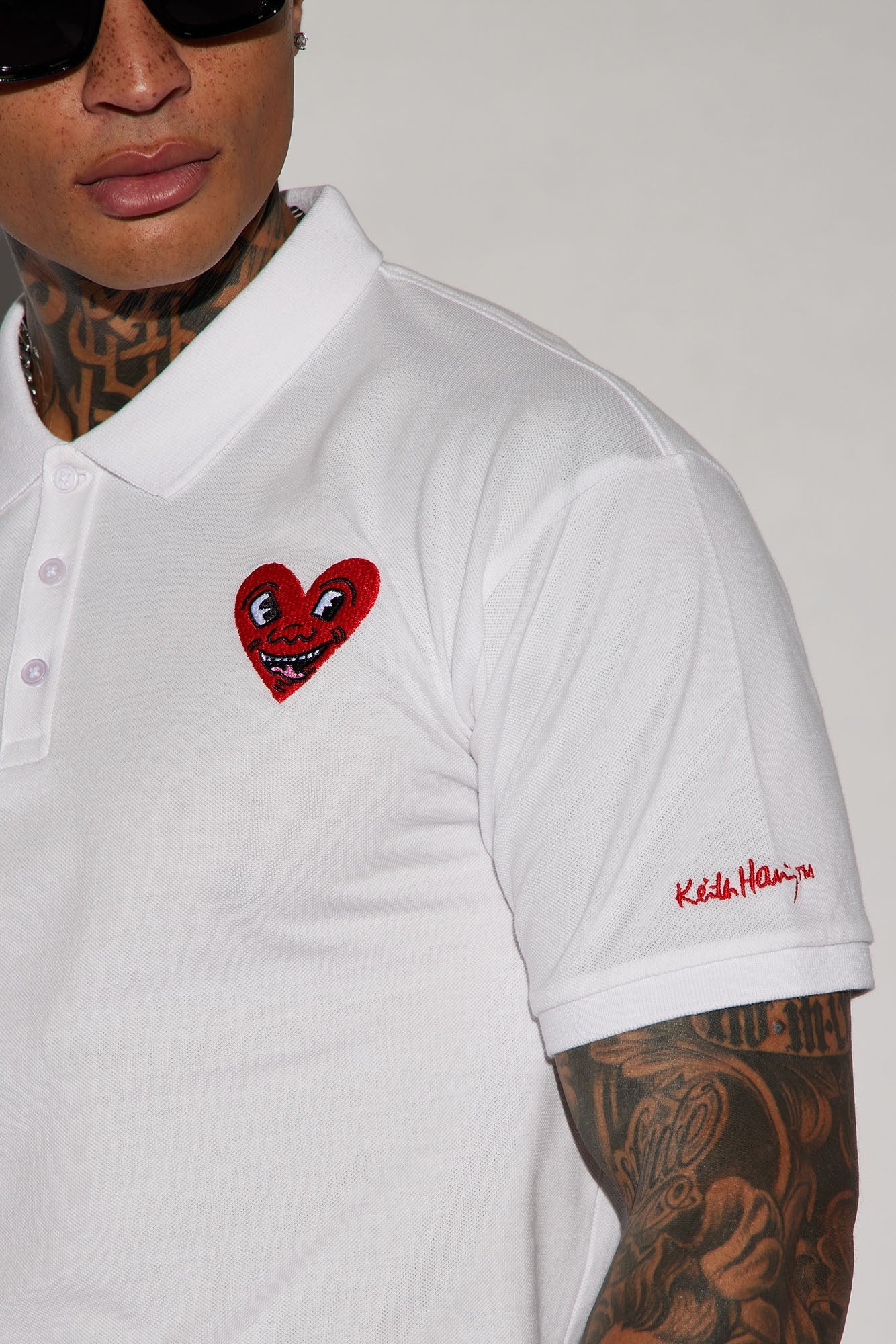 Keith Haring Heart Logo Short Sleeve Polo - White Fashion Nova