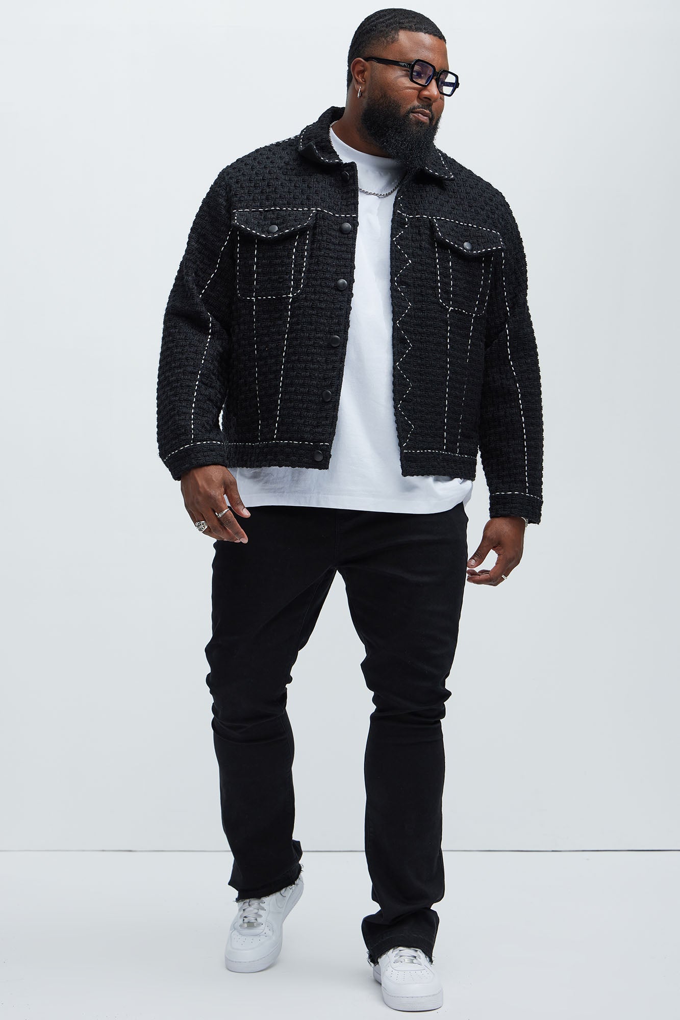 Beverly Tweed Contrasting Stitch Trucker Jacket - Black Fashion Nova