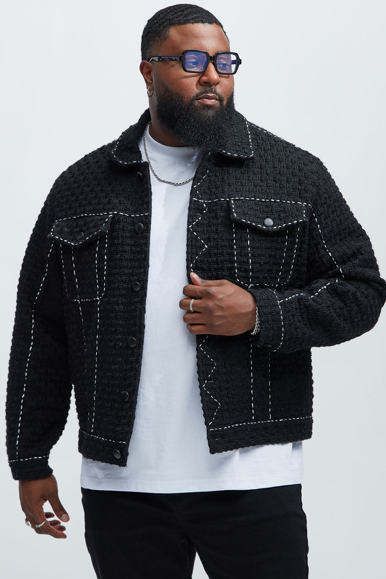 Beverly Tweed Contrasting Stitch Trucker Jacket - Black Fashion Nova