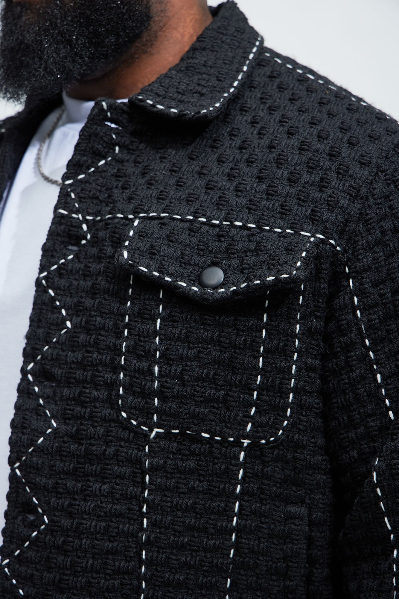 Beverly Tweed Contrasting Stitch Trucker Jacket - Black Fashion Nova