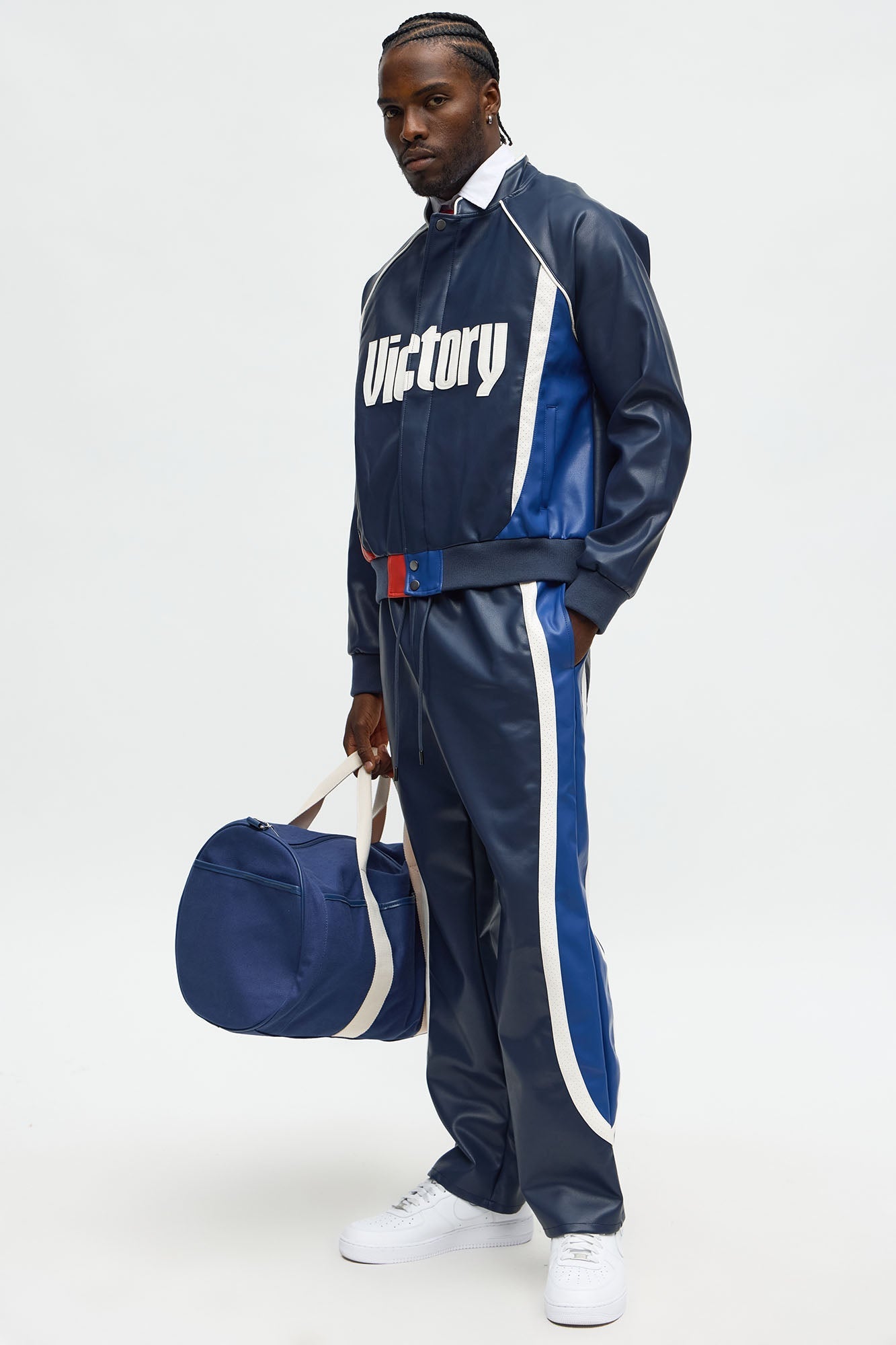 Straight King Faux Leather Moto Pant - Navy/combo Fashion Nova