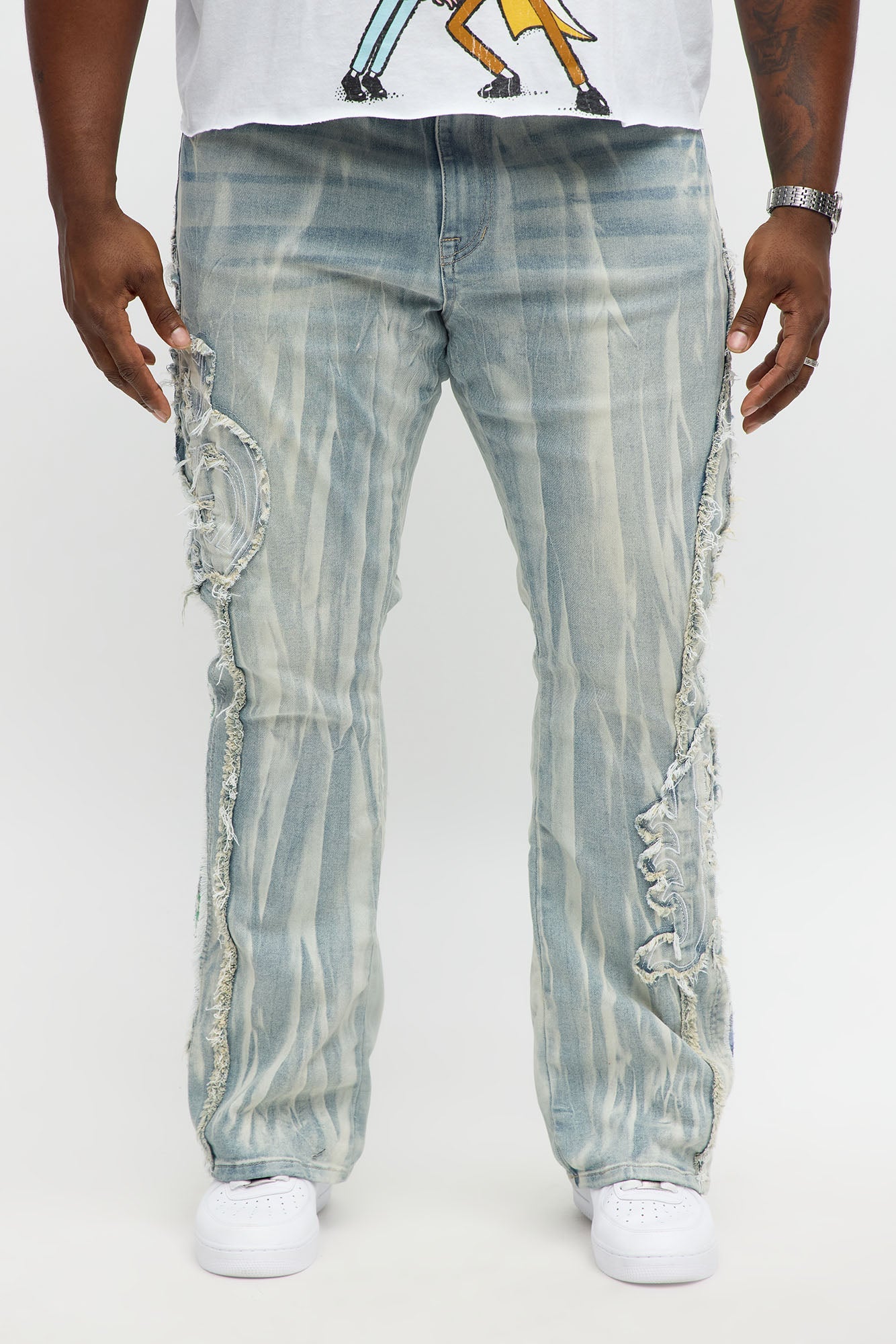 Stacked Skinny Flare Gray With Tapestry Sides Jean - Light Blue Wash Fashion Nova