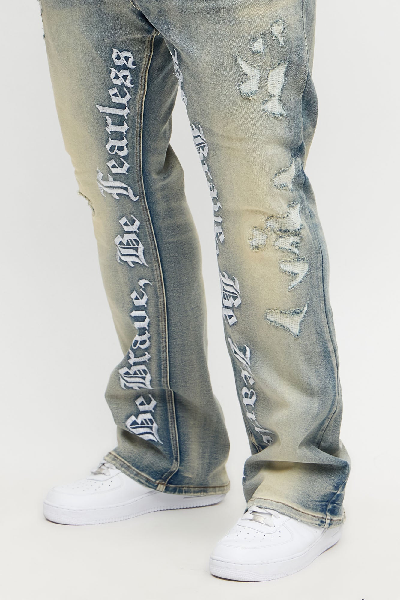 Stacked Skinny Flare Be Brave Be Fearless Embridered Jean - Vintage Blue Wash Fashion Nova