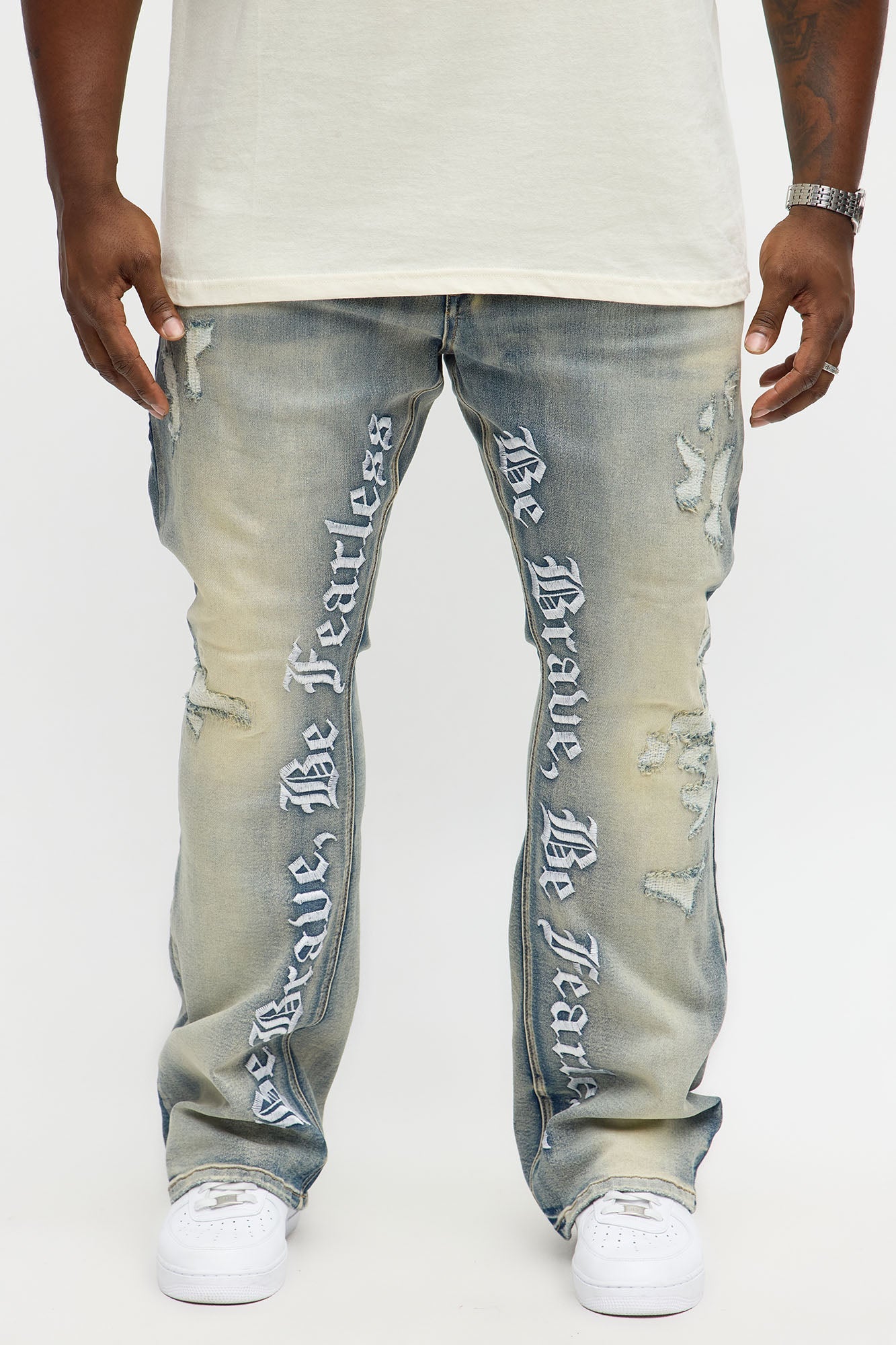 Stacked Skinny Flare Be Brave Be Fearless Embridered Jean - Vintage Blue Wash Fashion Nova