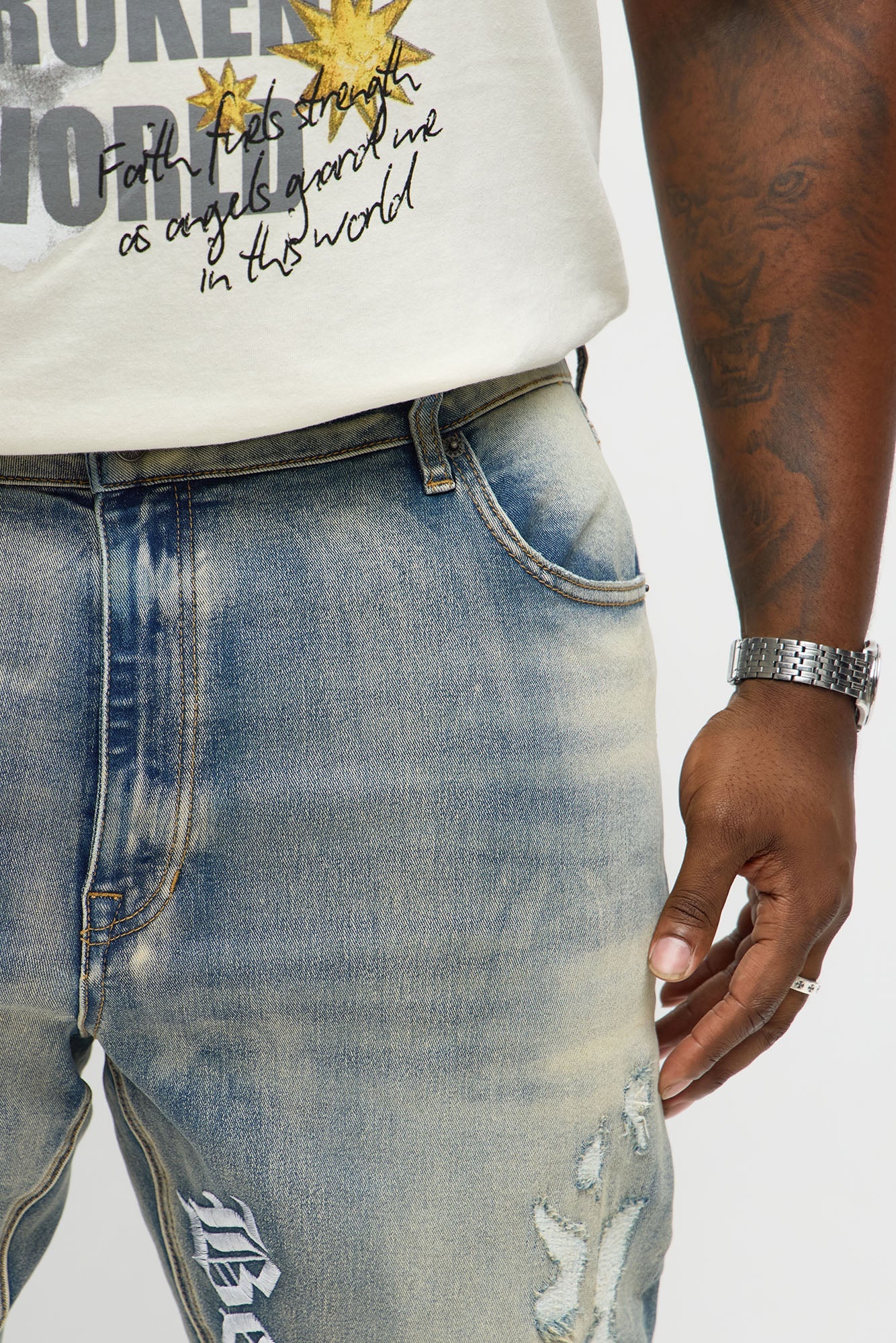 Stacked Skinny Flare Be Brave Be Fearless Embridered Jean - Vintage Blue Wash Fashion Nova