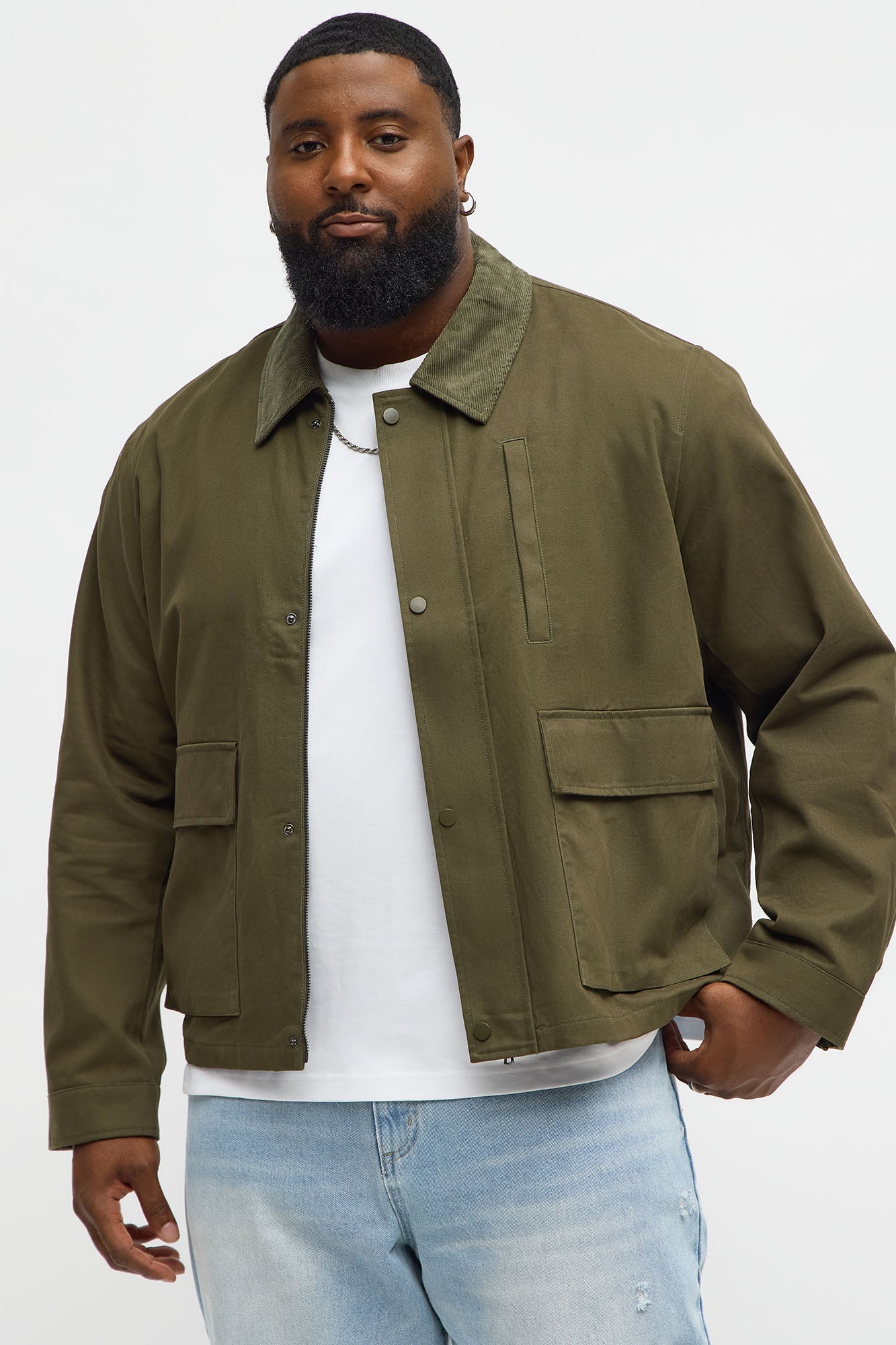 Cropped Utility Corduroy Collar Work Jacket - Olive Fashion Nova