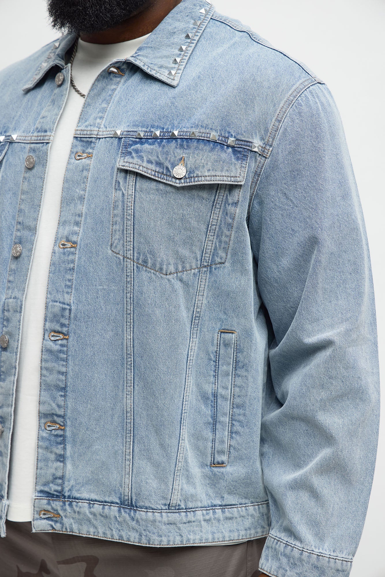 Not The Bad Guy Studded Trucker Jacket - Light Blue Wash Fashion Nova