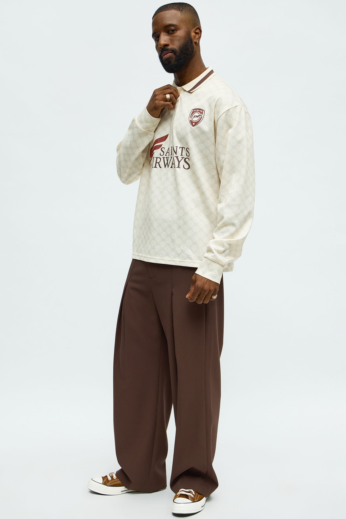 Saints Airways Long Sleeve Jersey Polo - Ivory Fashion Nova