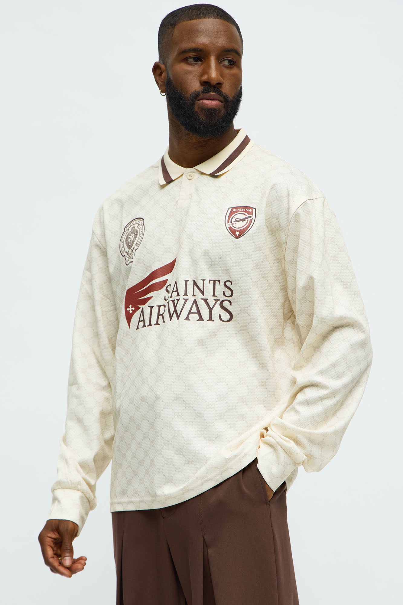 Saints Airways Long Sleeve Jersey Polo - Ivory Fashion Nova