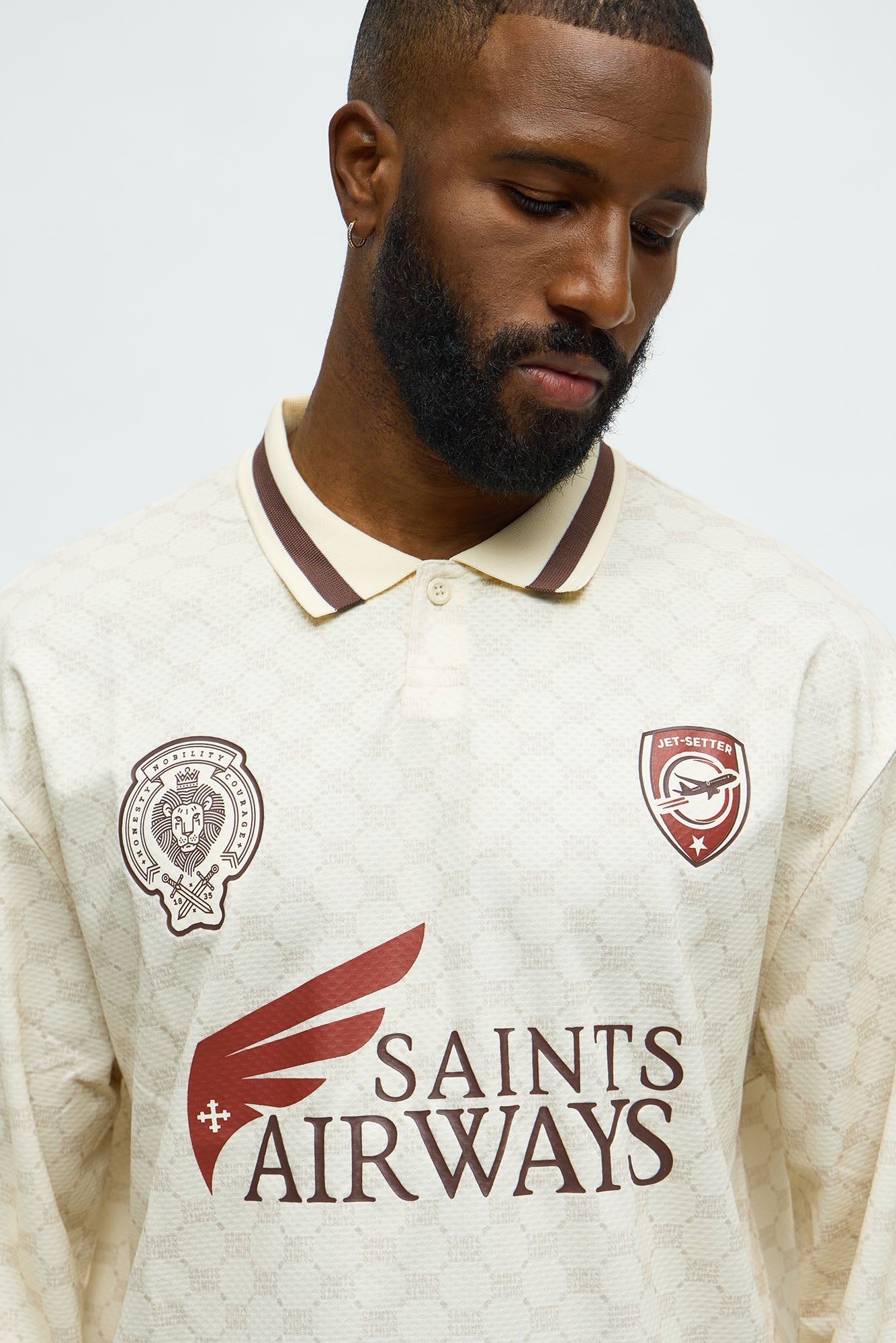 Saints Airways Long Sleeve Jersey Polo - Ivory Fashion Nova