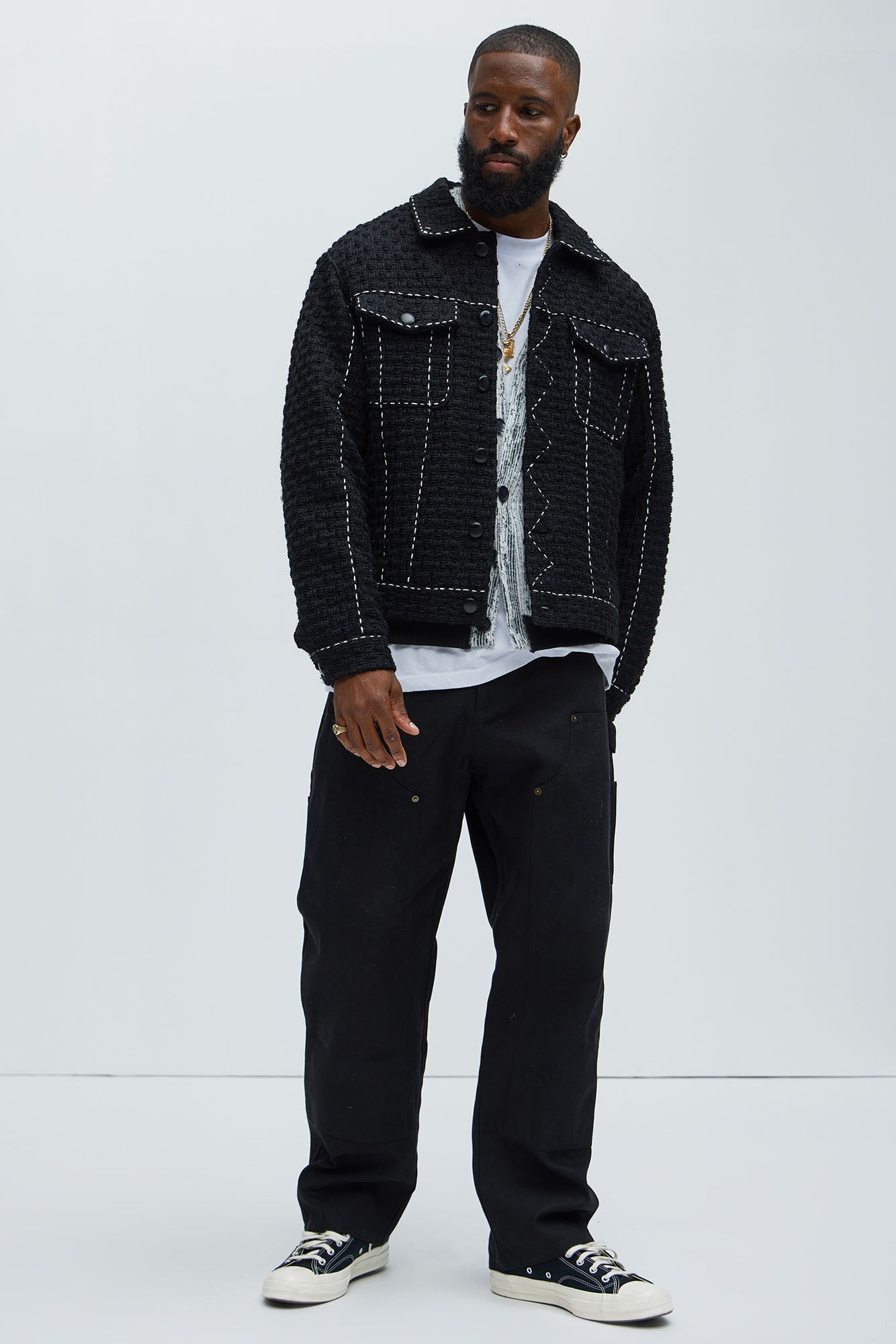 Beverly Tweed Contrasting Stitch Trucker Jacket - Black Fashion Nova