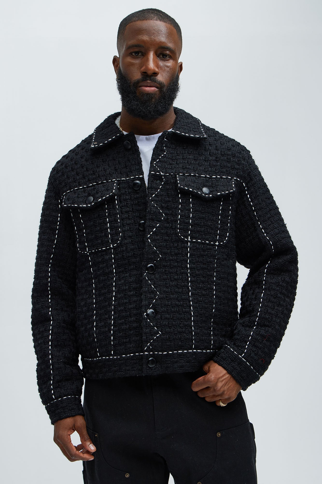Beverly Tweed Contrasting Stitch Trucker Jacket - Black Fashion Nova