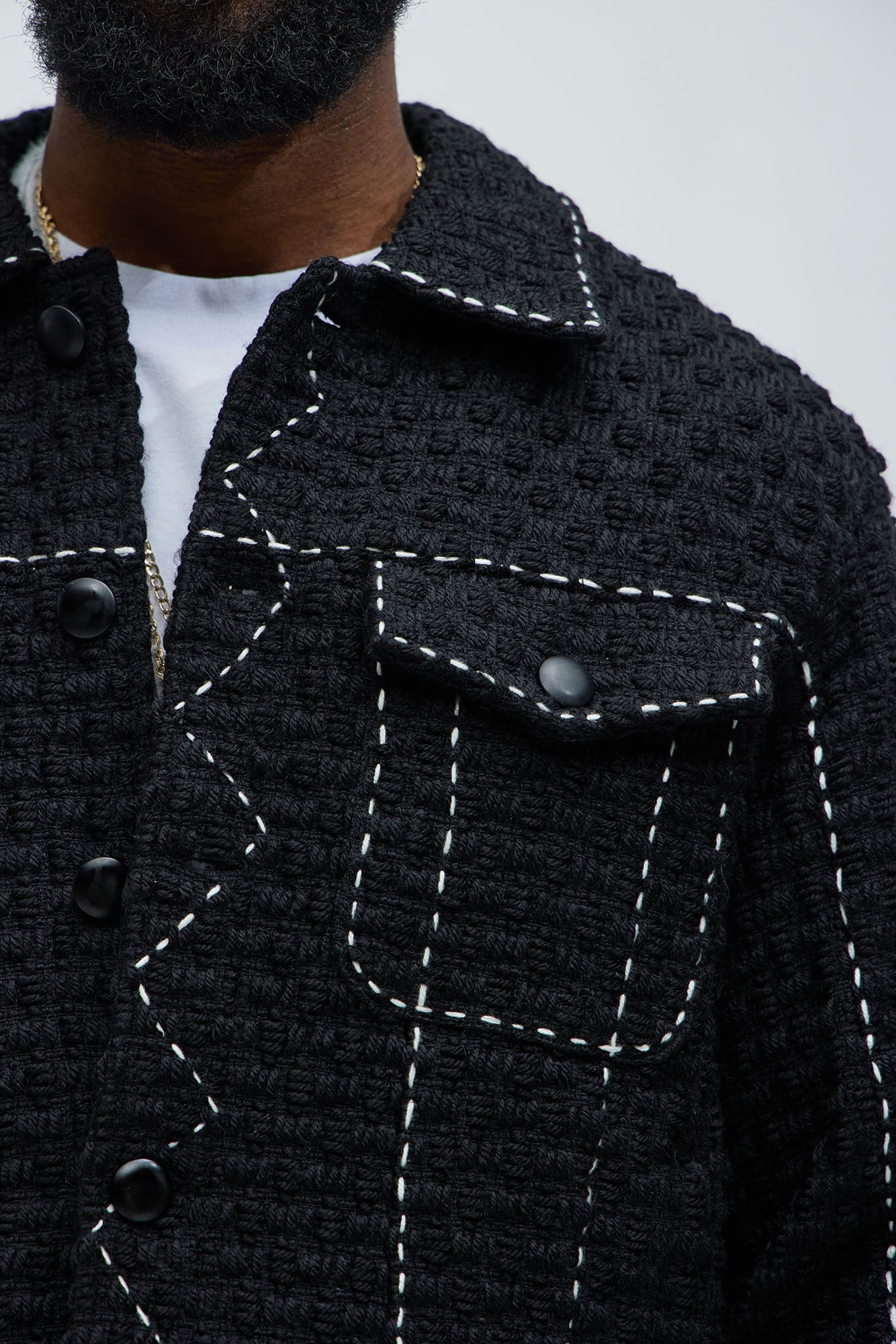 Beverly Tweed Contrasting Stitch Trucker Jacket - Black Fashion Nova