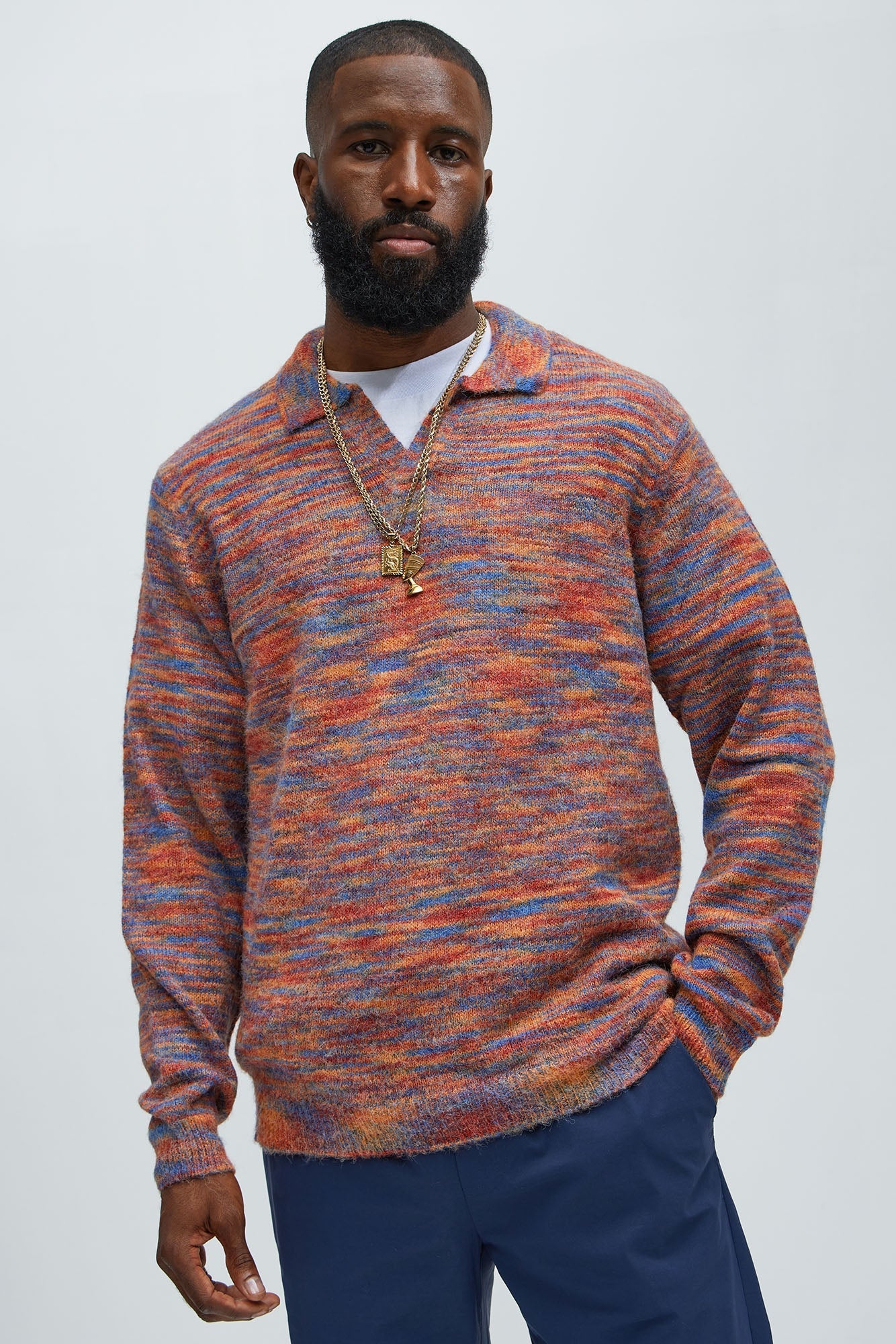 Blinded Mohair Johnny Collar Sweater - Red/combo Fashion Nova