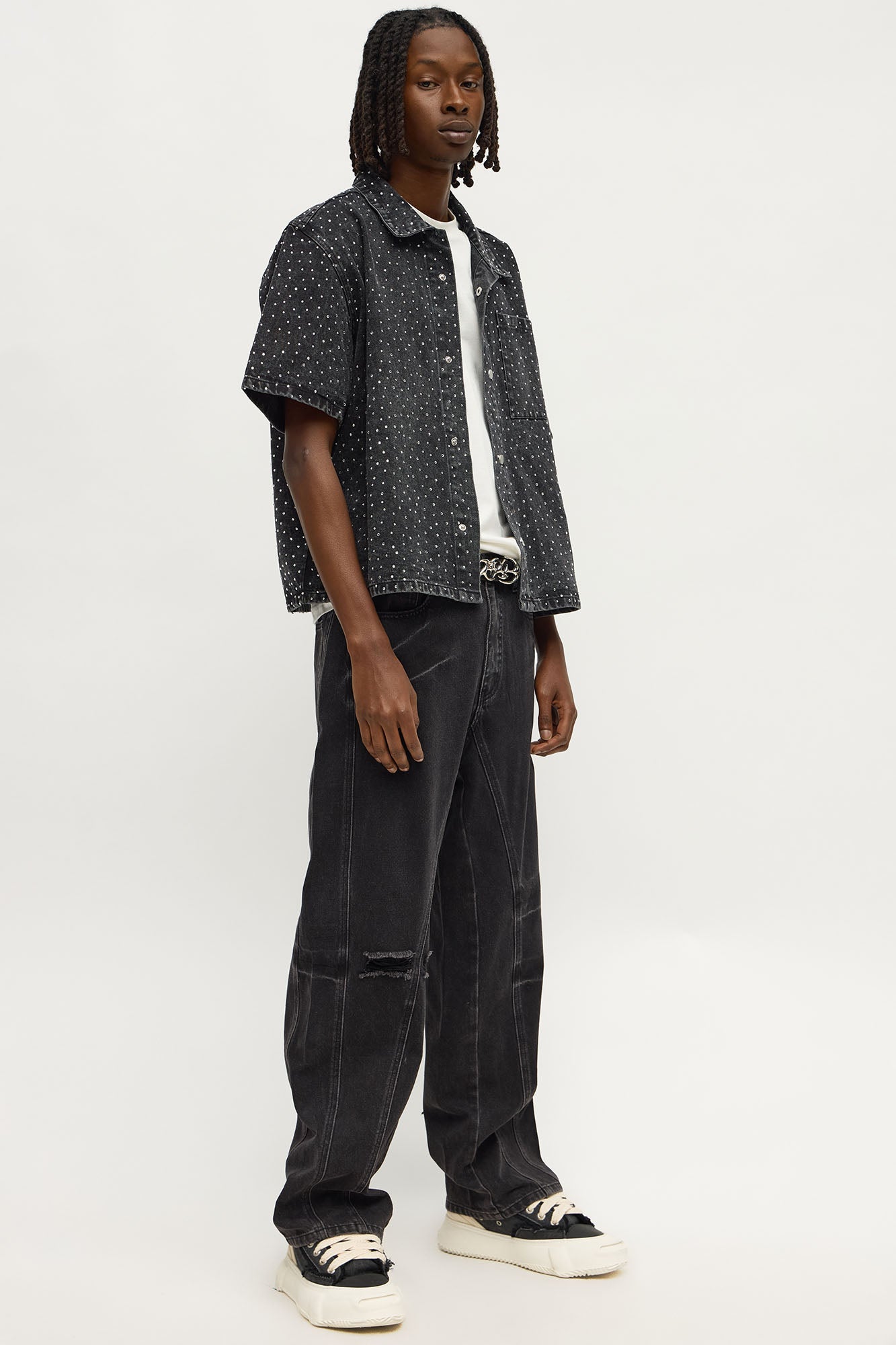 Cropped Embellished Denim Button Up Shirt - Black Wash Fashion Nova