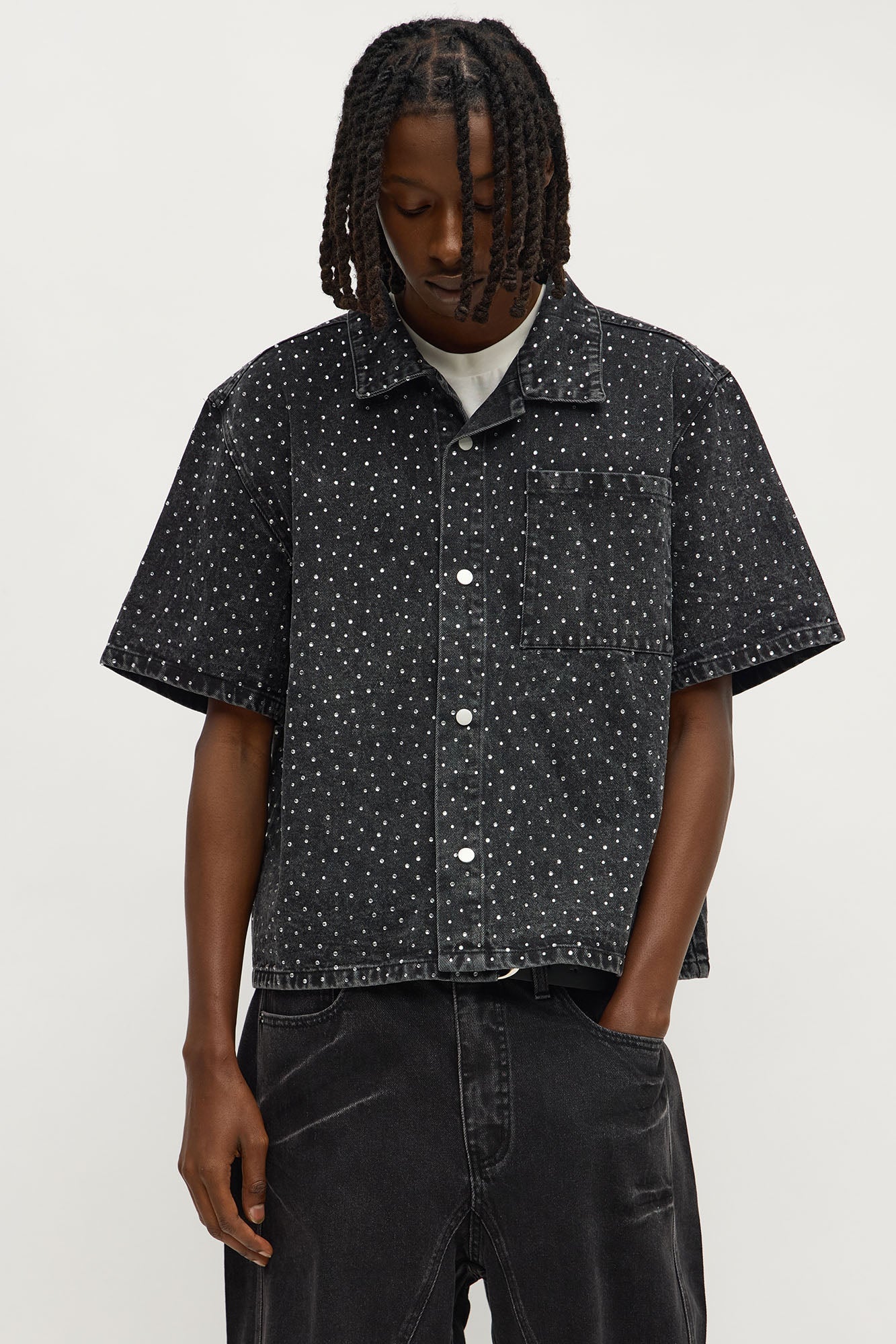 Cropped Embellished Denim Button Up Shirt - Black Wash Fashion Nova