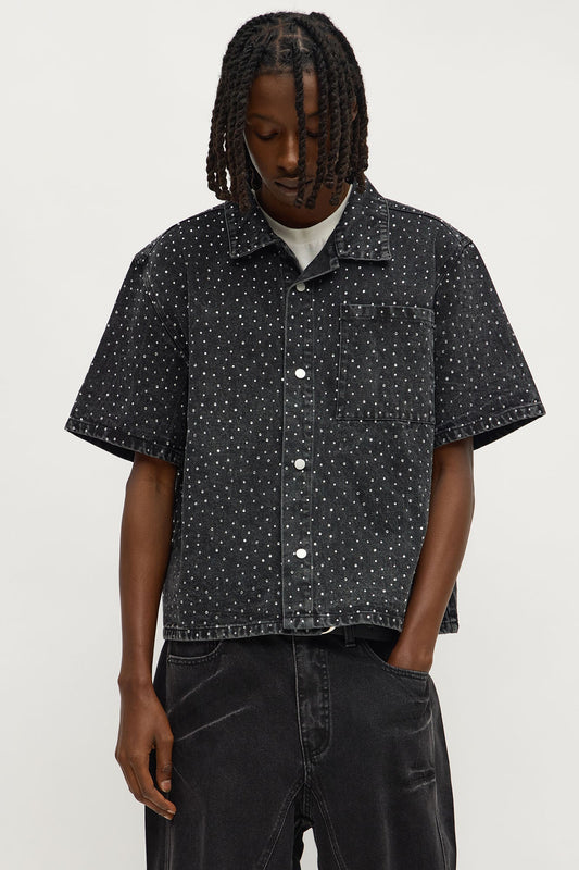 Cropped Embellished Denim Button Up Shirt - Black Wash Fashion Nova