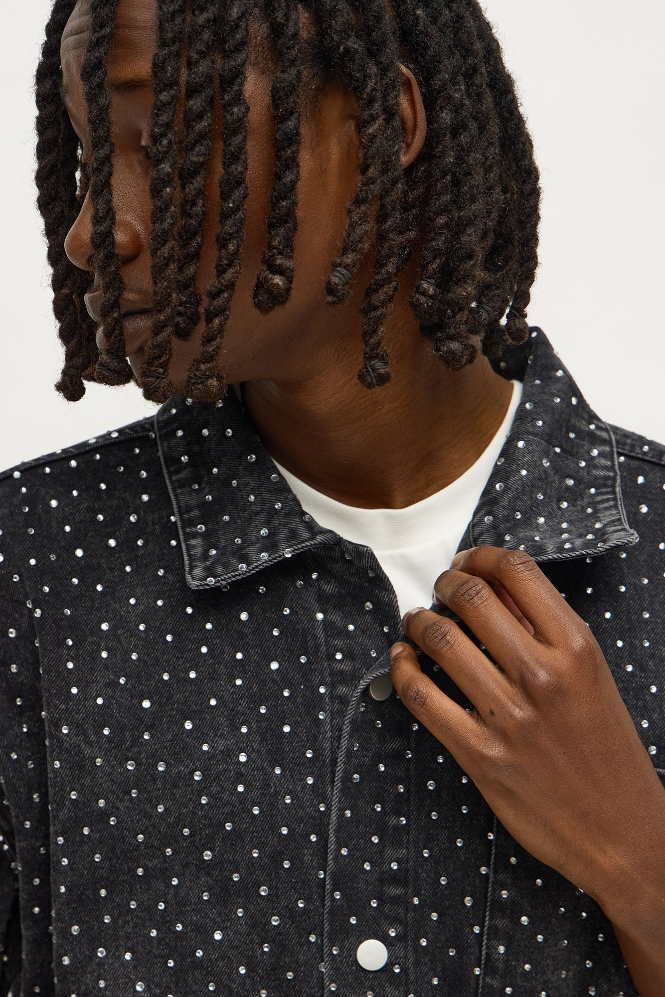 Cropped Embellished Denim Button Up Shirt - Black Wash Fashion Nova