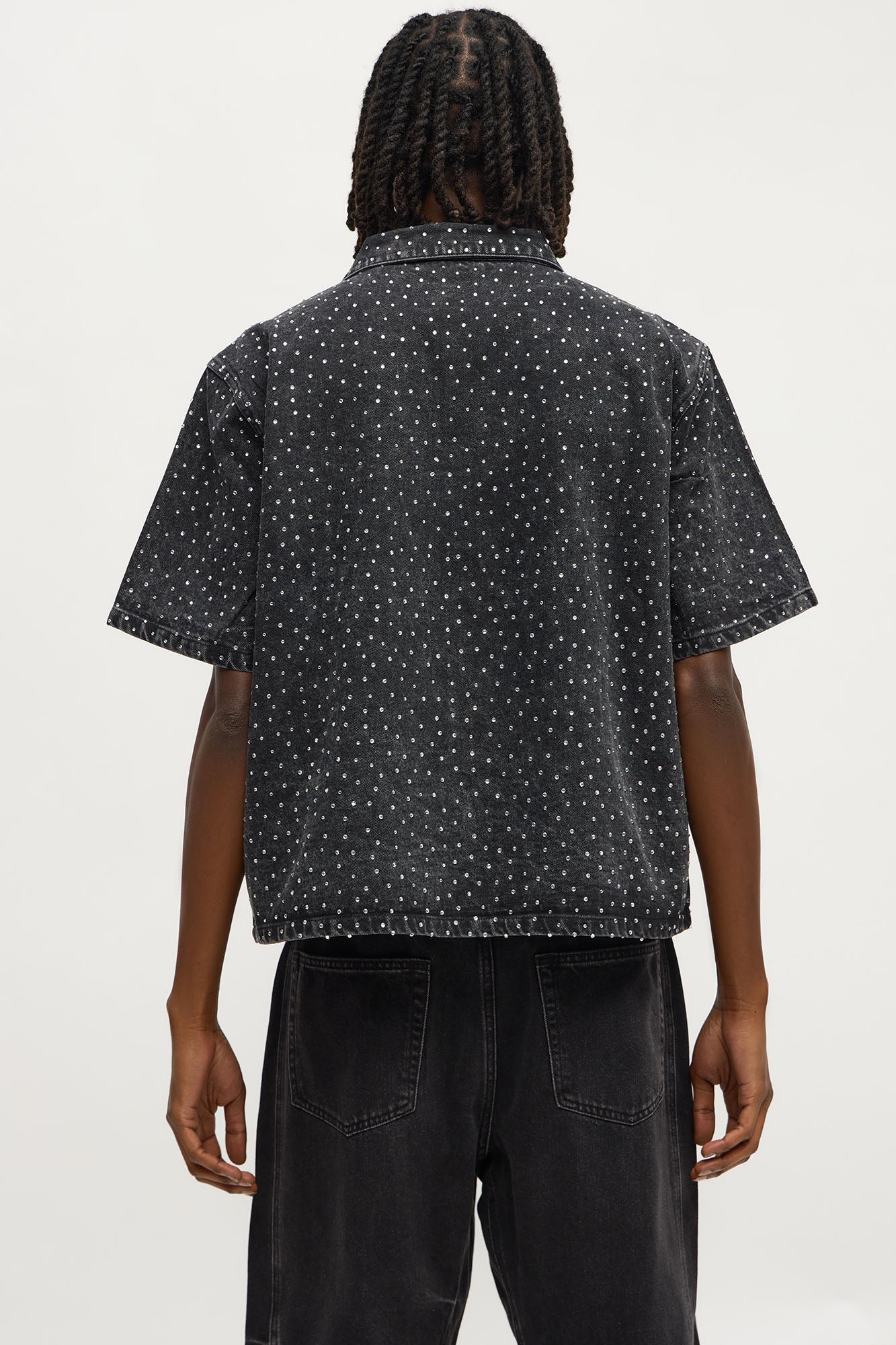Cropped Embellished Denim Button Up Shirt - Black Wash Fashion Nova