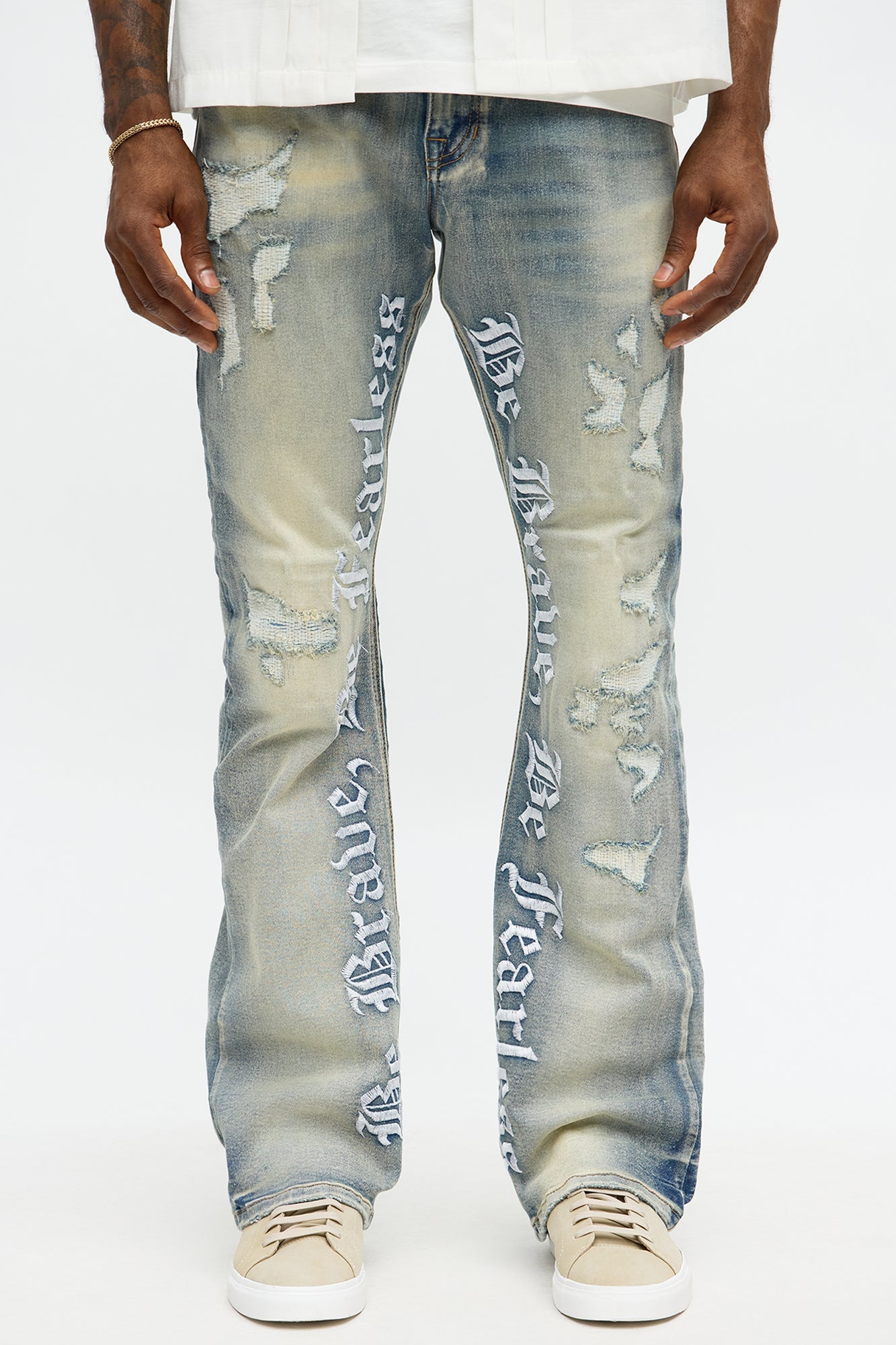 Stacked Skinny Flare Be Brave Be Fearless Embridered Jean - Vintage Blue Wash Fashion Nova