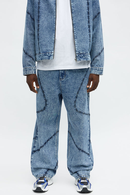 Baggy Embroidered Barbwire Jean - Medium Blue Wash Fashion Nova