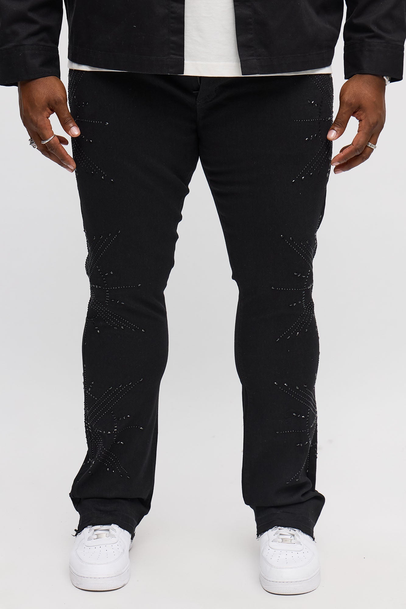Stacked Skinny Flare Within Star Jeweled Jean - Black Fashion Nova