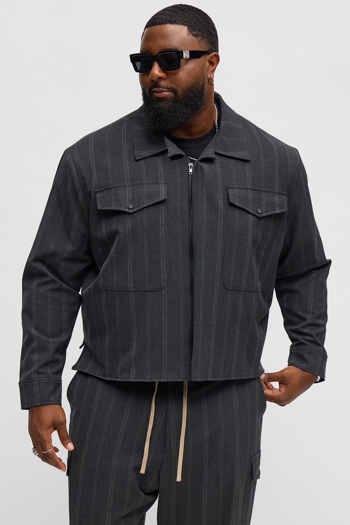 Relaxed Striped Suiting Bomber Jacket - Grey/combo Fashion Nova