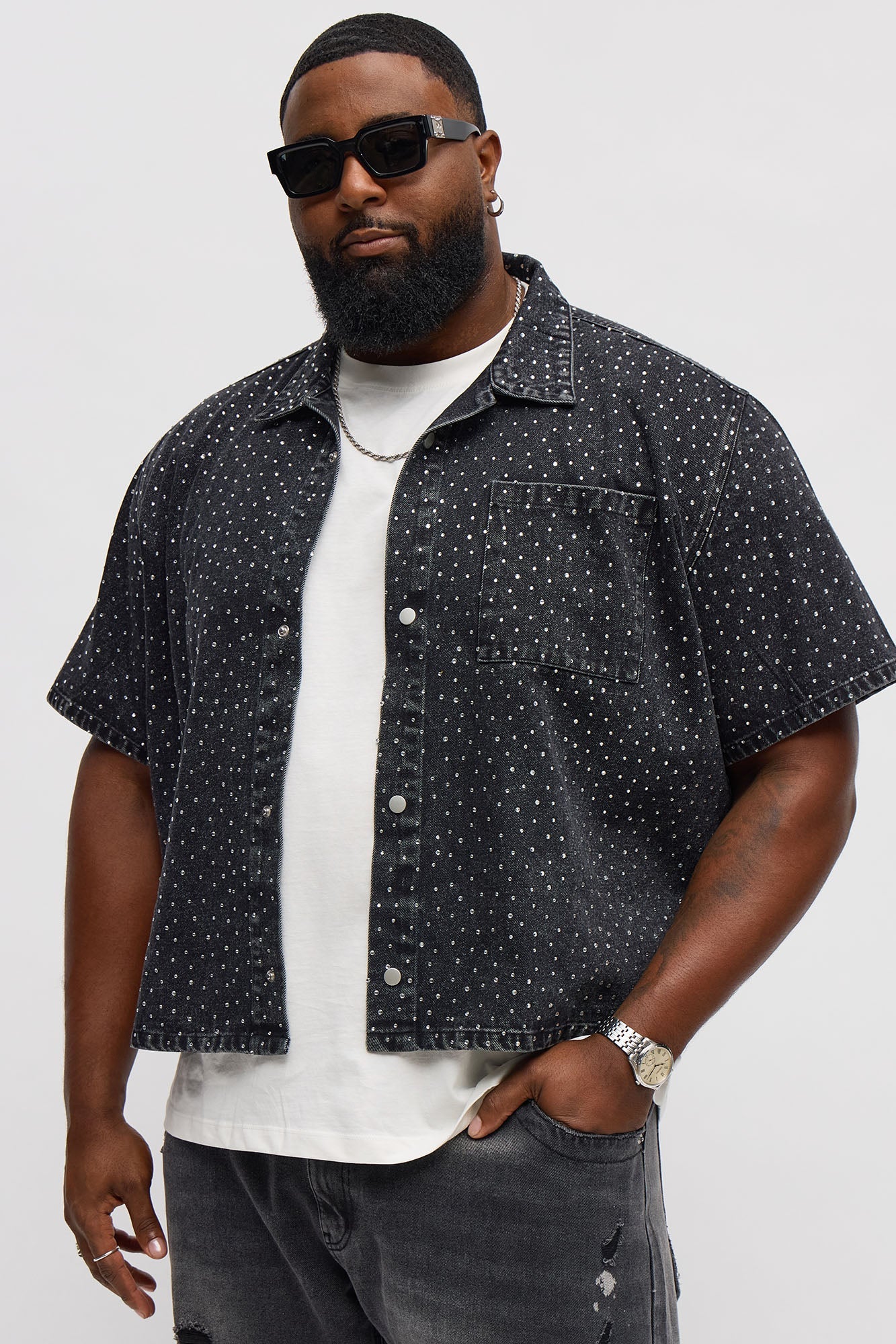 Cropped Embellished Denim Button Up Shirt - Black Wash Fashion Nova