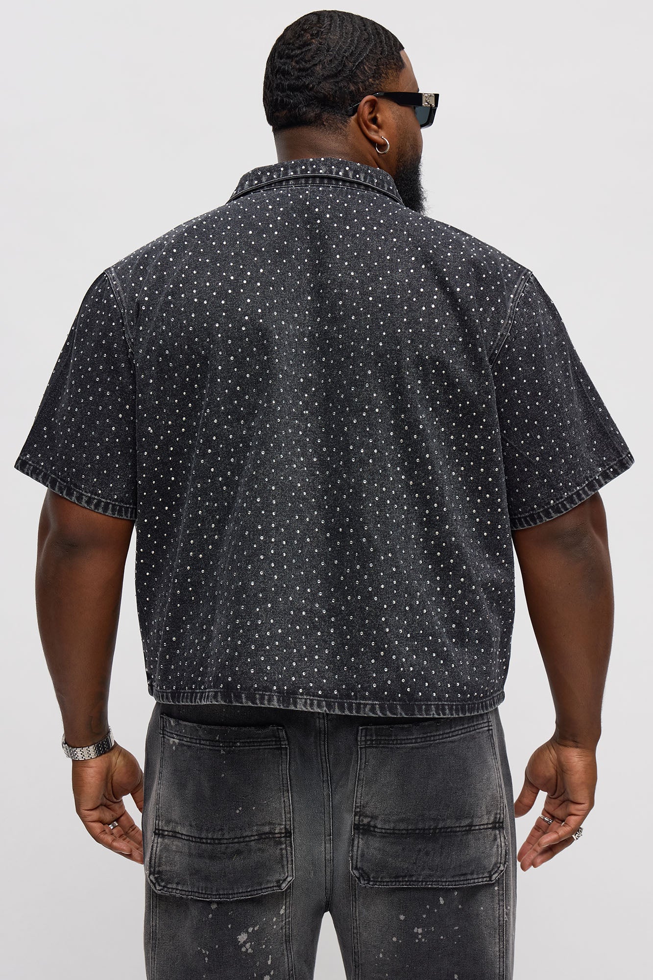 Cropped Embellished Denim Button Up Shirt - Black Wash Fashion Nova